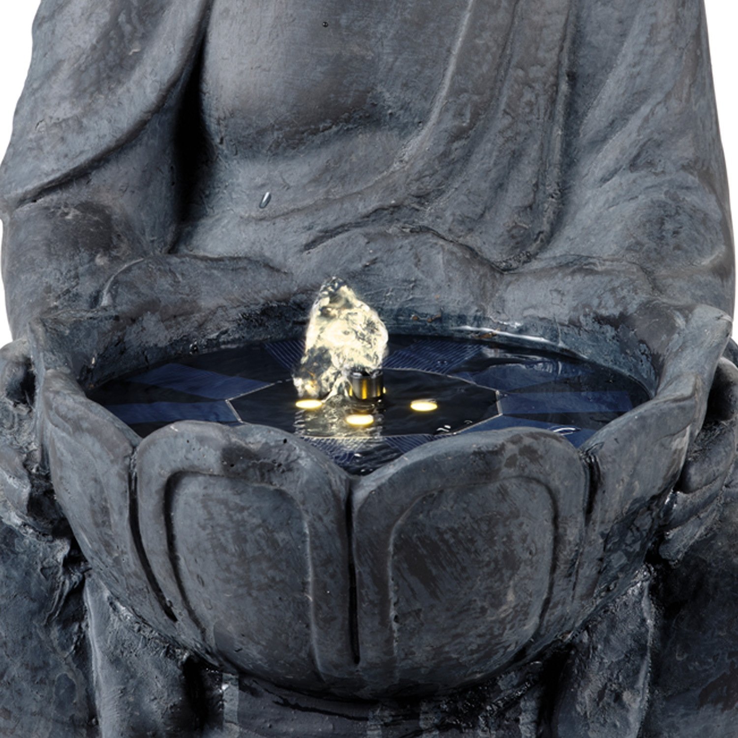 LED Solar Brunnen Buddha - Gartenbrunnen - GRC Beton - 4 warmweiße LED - H: 45cm - Außen - grau