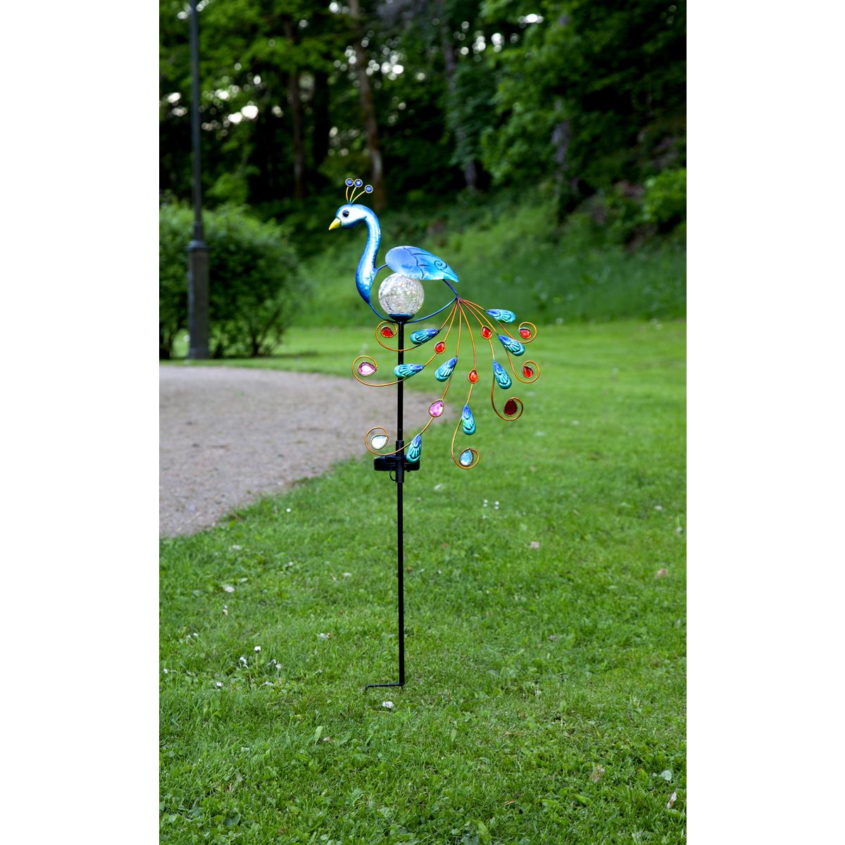 LED Solarstab "Pfau"- blau - warmweiße LED in Glaskugel - H: 80cm - Dämmerungssensor