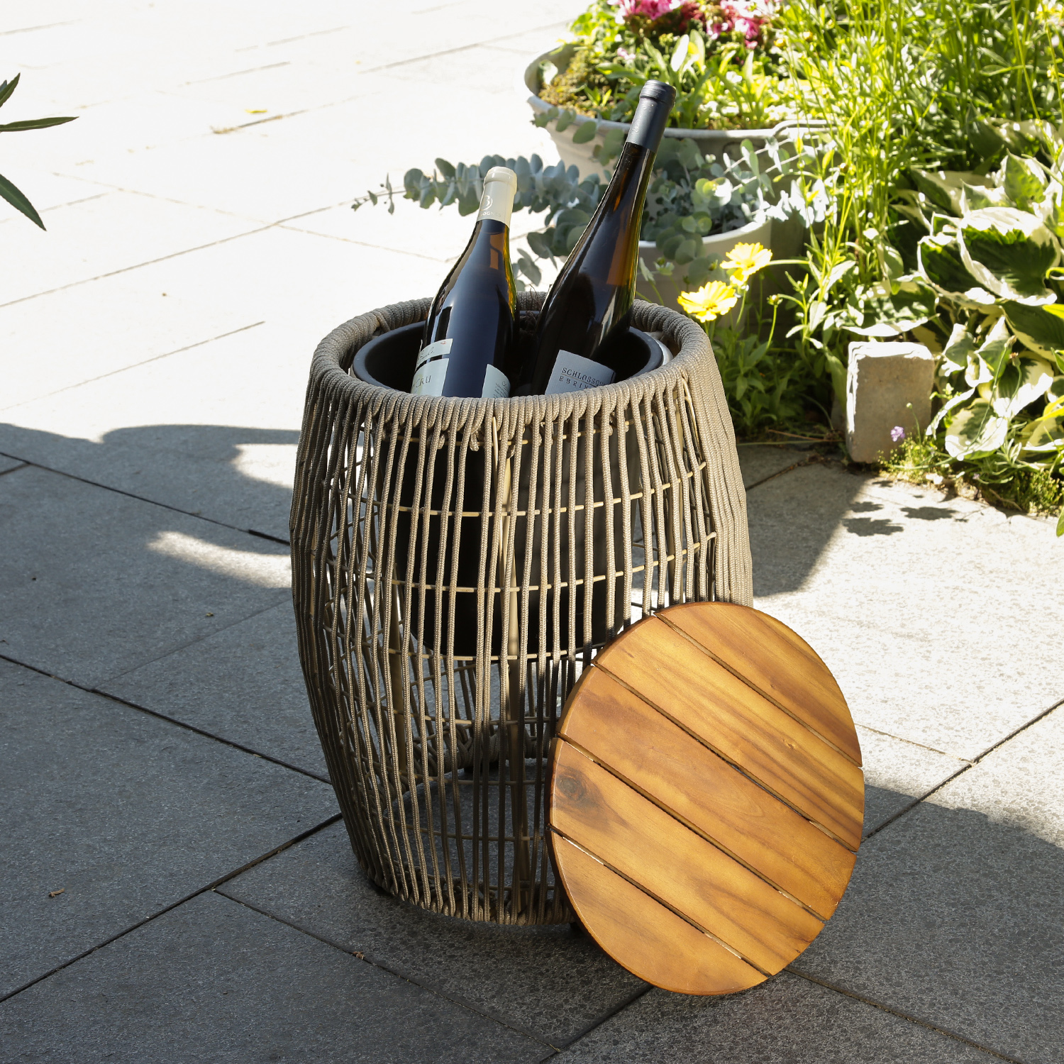 Garten Beistelltisch - integrierter Behälter - Kunststoffseil - H: 49cm - D: 40cm - beige