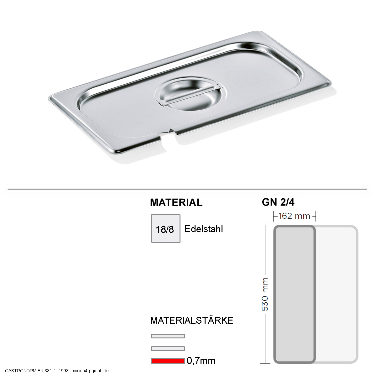 Gastronorm Deckel GN 2/4 - mit Löffelaussparung -  GN90 - 18/8 Edelstahl - 0,7mm