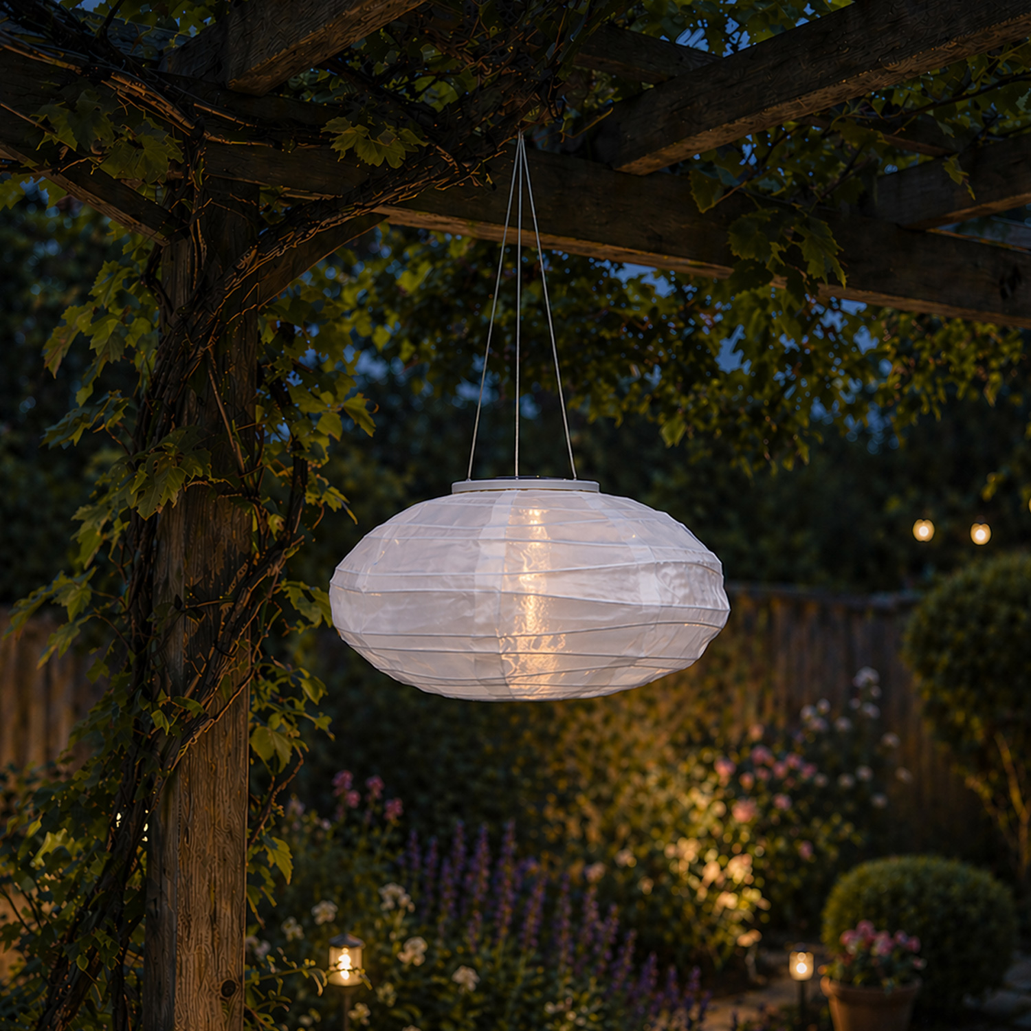 LED Solar Lampions - rund und oval - D: 25cm/35cm - Lichtsensor - weiße Gartenlampions - 2er Set