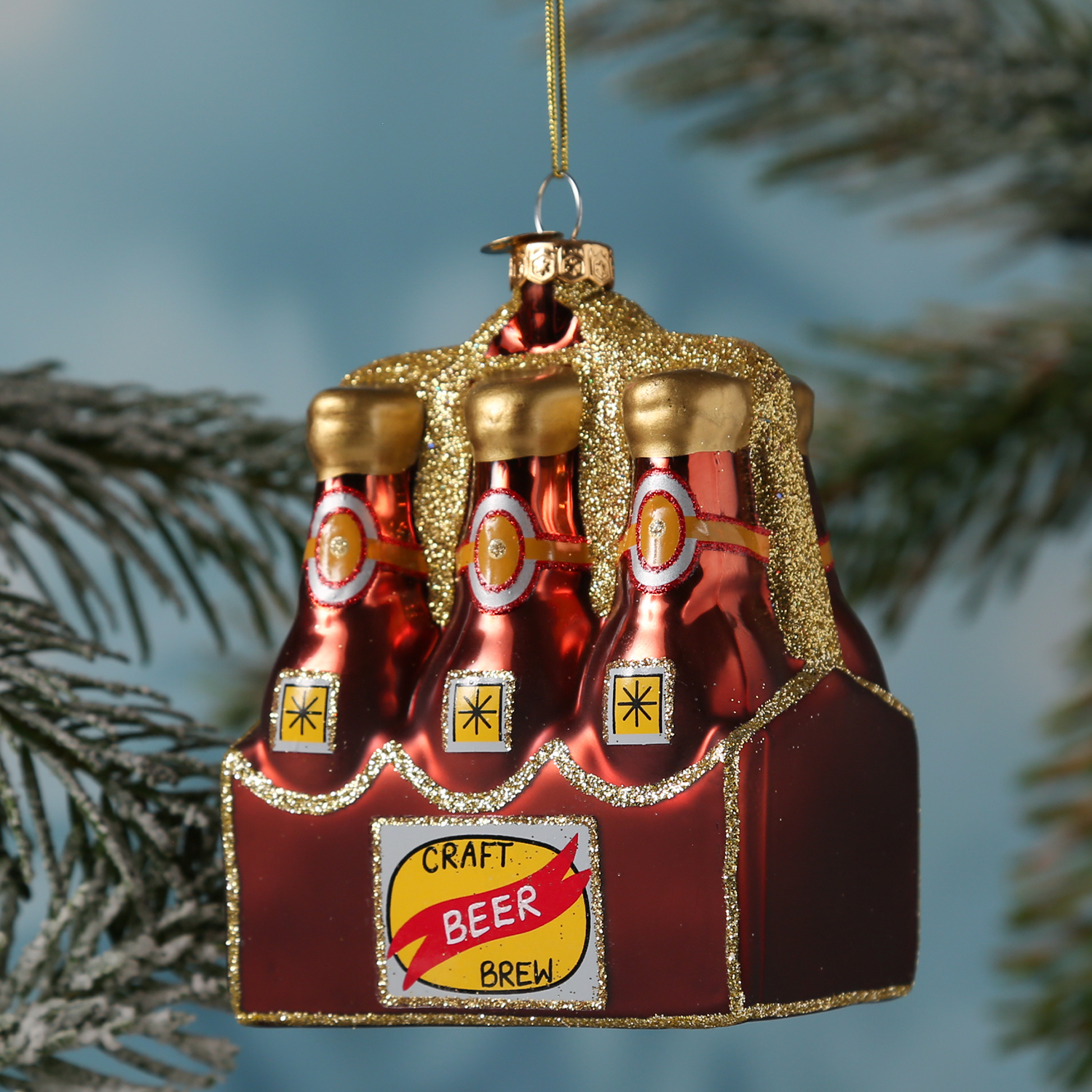 Weihnachtsbaumschmuck SIXPACK Craftbeer - Glas - inkl. Aufhänger - H: 11,7cm - braun, gold Weihnachtsbaumschmuck SIXPACK Craftbeer - Glas - inkl. Aufhänger - H: 11,7cm - braun, gold