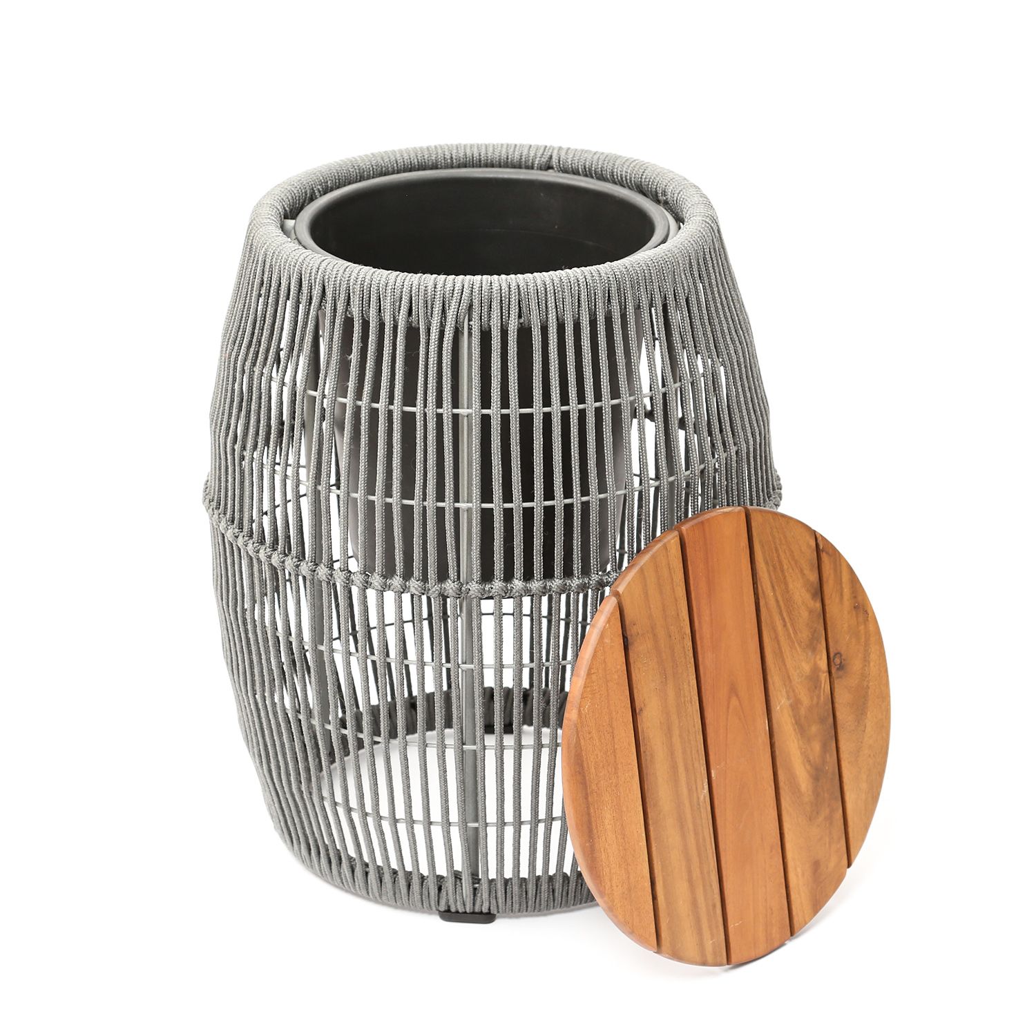 Garten Beistelltisch - integrierter Behälter - Kunststoffseil - H: 49cm - D: 40cm - grau