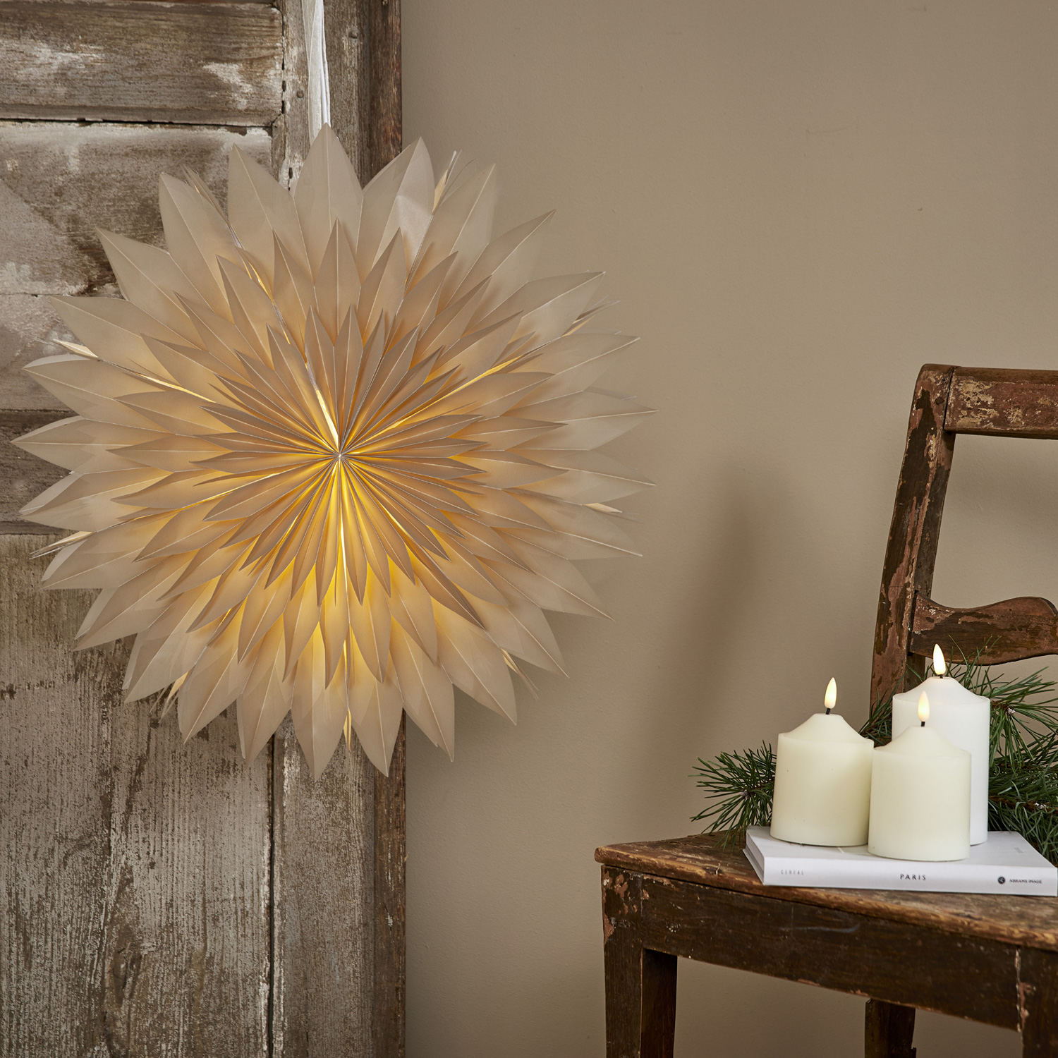 Papierstern EISBLUME - hängend - D: 50cm - mit Band - beige