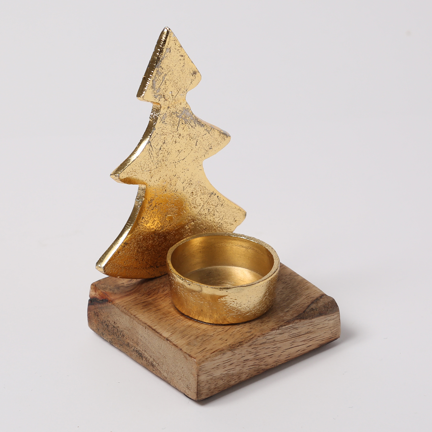 Teelichthalter TANNENBAUM - Aluminium - Mangoholzsockel - H: 13,2cm - natur, gold Teelichthalter TANNENBAUM - Aluminium - Mangoholzsockel - H: 13,2cm - natur, gold