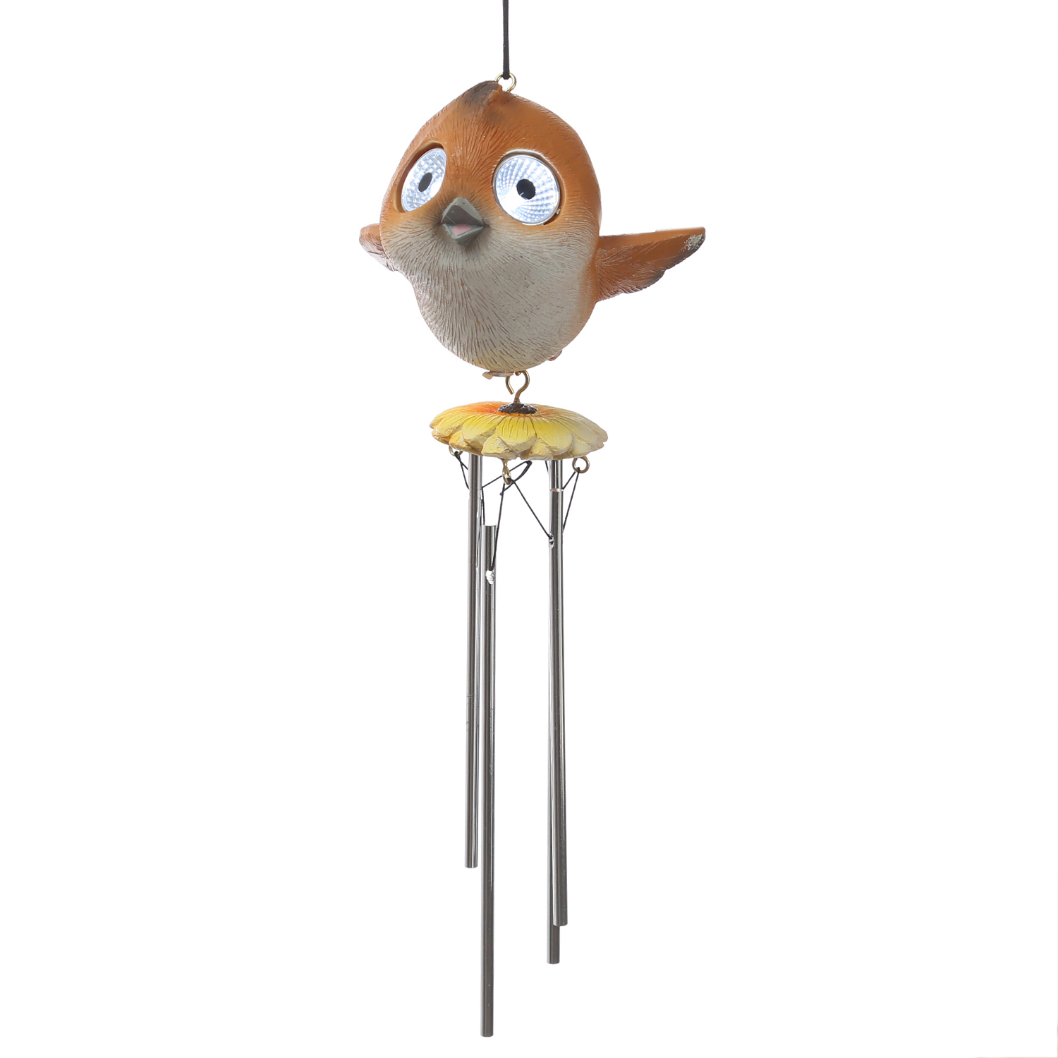 LED Solar Windspiel Vogel - Klangspiel mit Vögelchen mit leuchtenden Augen - H: 29cm - Lichtsensor