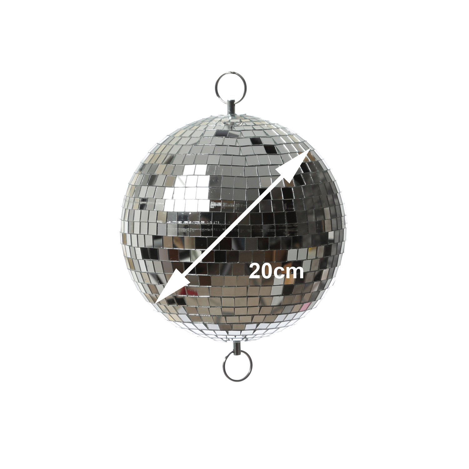 Spiegelkugel 20cm - silber - Discokugel Echtglas - 10x10mm Spiegel - PROMO - Metallöse oben + Unten