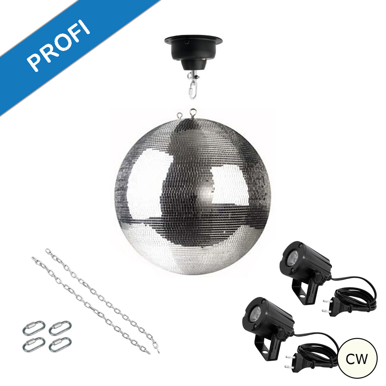 Spiegelkugel Komplettset - Discokugel, Motor, Pinspot, Montagematerial für Diskokugel - Mirrorball Set - Partyset