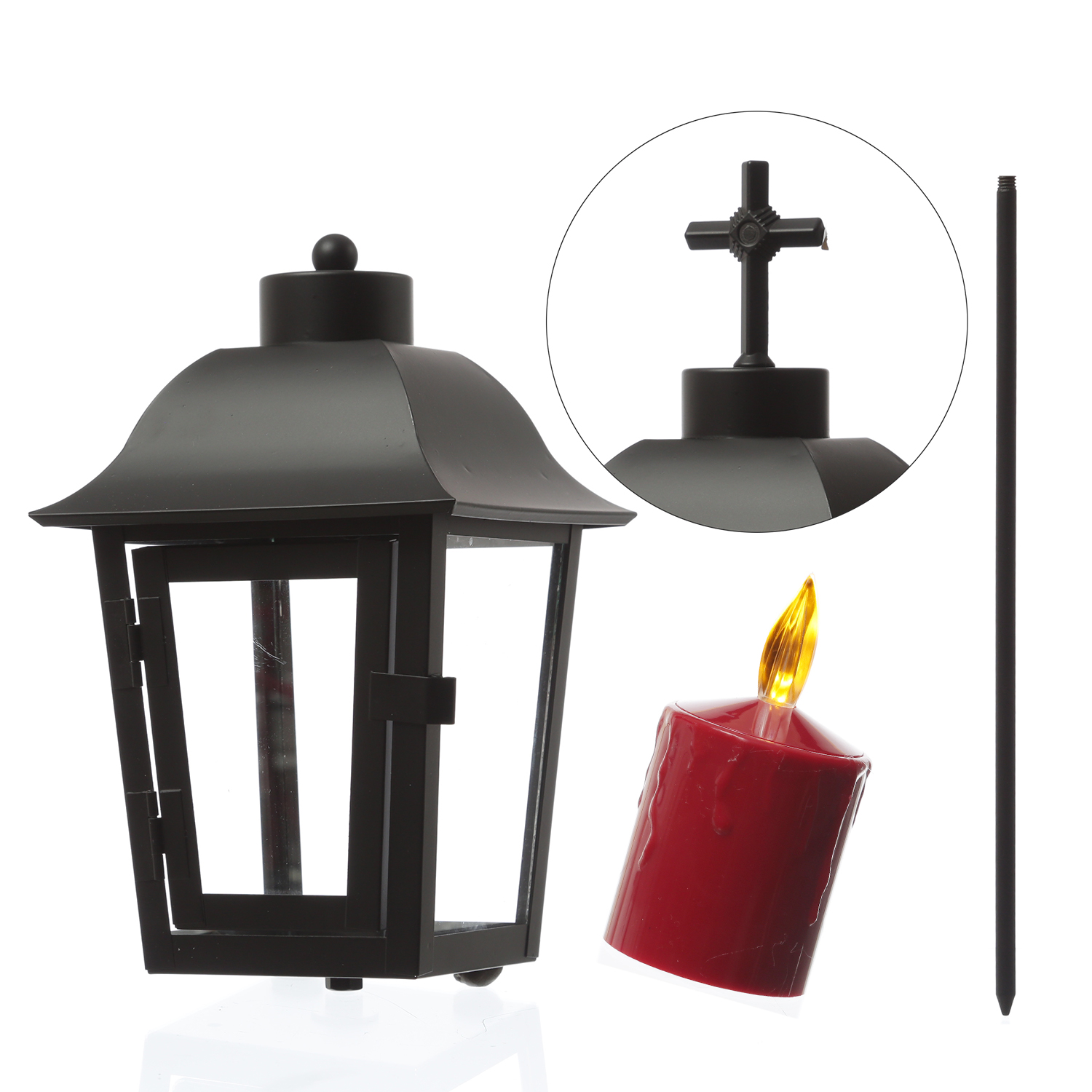 Grablaterne mit roter LED Kerze - Grablampe mit 2 wechselbaren Spitzen/Erdspieß - H: 51cm - schwarz