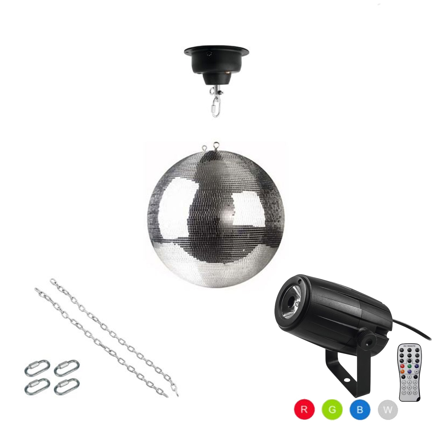 Spiegelkugel Komplettset 30cm mit Motor, 5W LED Pinspot (RGBW) und Montagematerial PREMIUM Spiegelkugel Komplettset 30cm mit Motor, 5W LED Pinspot (RGBW) und Montagematerial PREMIUM