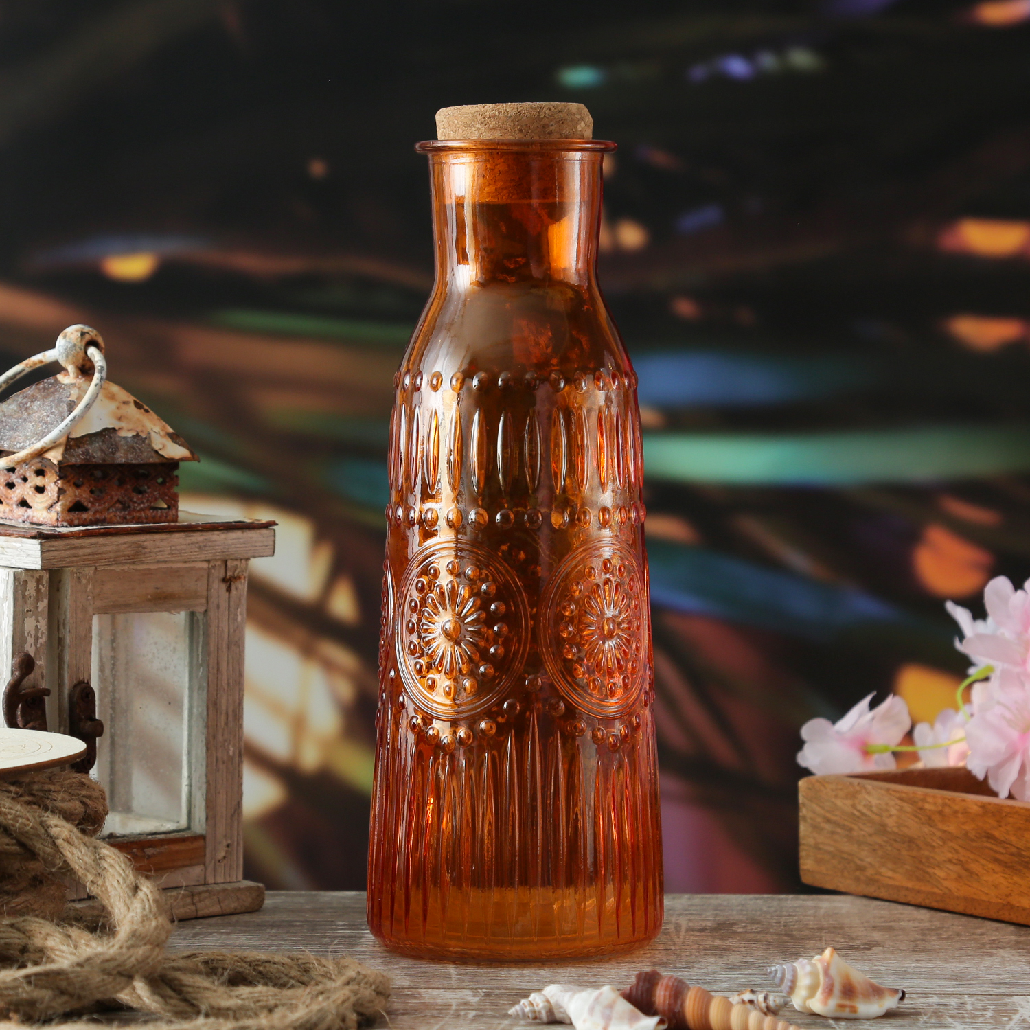 Karaffe Vintage mit Blumenmuster - Glaskaraffe - Kanne mit Korkendeckel - Boho Stil - 1l - orange