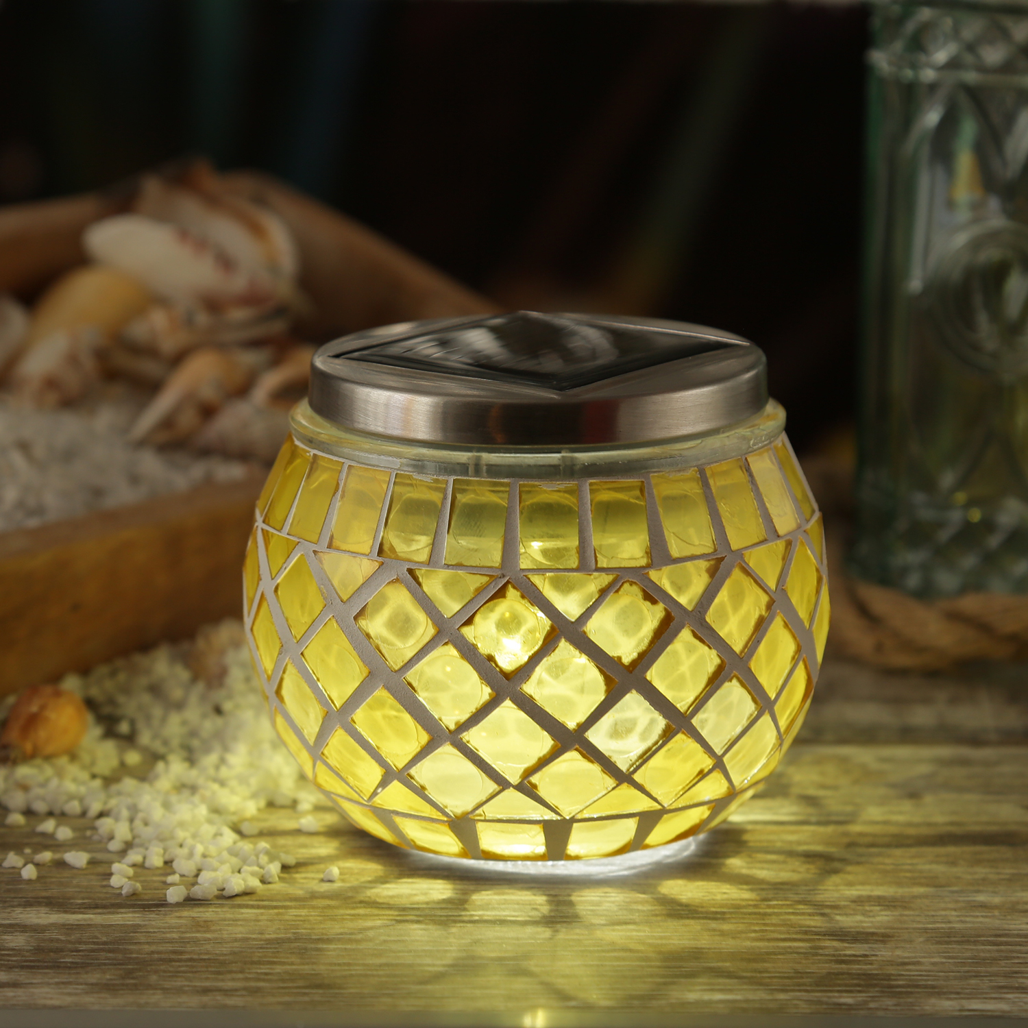 LED Solar Windlicht - Mosaik Solarglas - kaltweiße LED - Lichtsensor - H: 9cm - für Außen - gelb LED Solar Windlicht - Mosaik Solarglas - kaltweiße LED - Lichtsensor - H: 9cm - für Außen - gelb