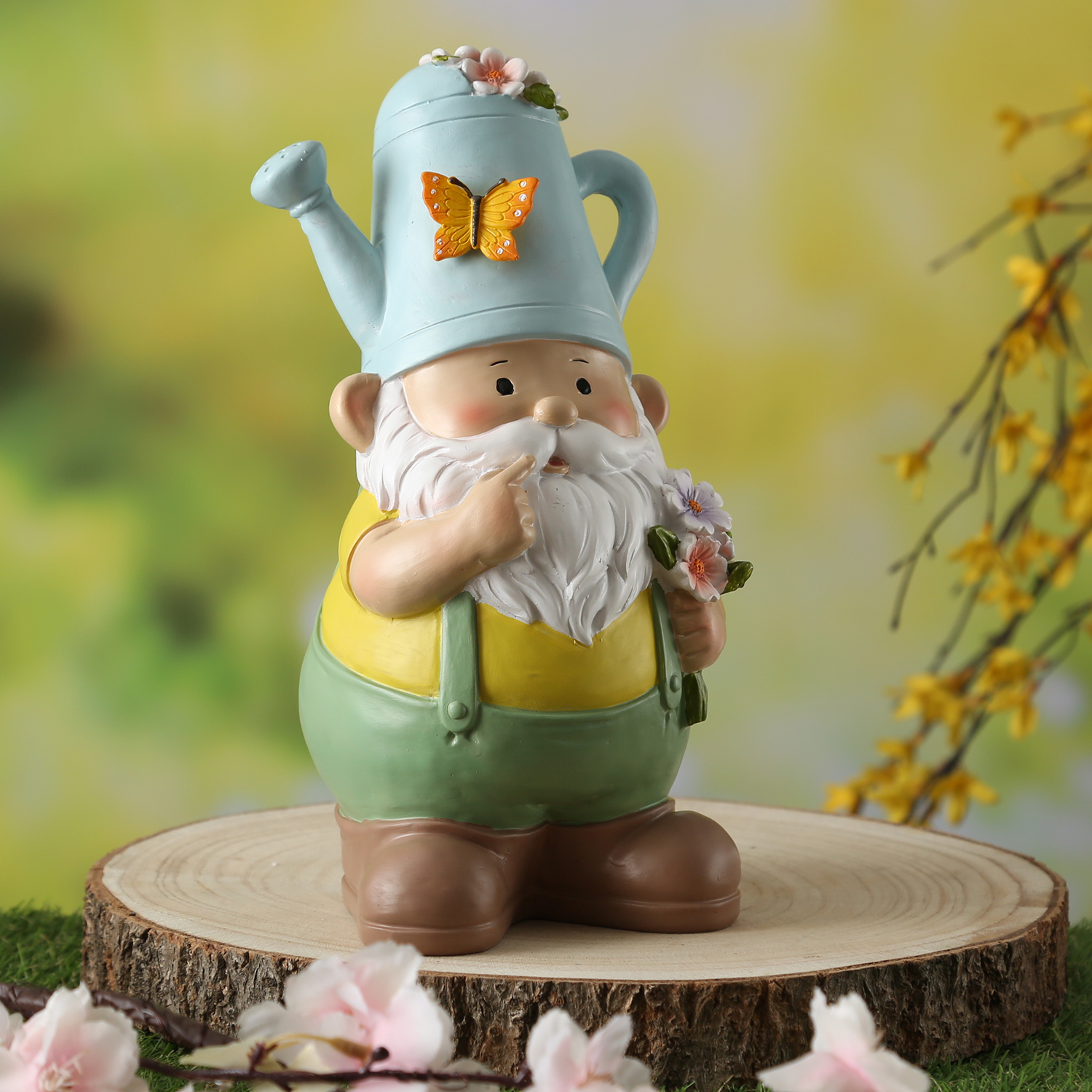 Gartenzwerg mit Gießkannen-Mütze - Zwerg mit Blumenstrauß - Gartenfigur aus Polyresin - H: 24,5cm