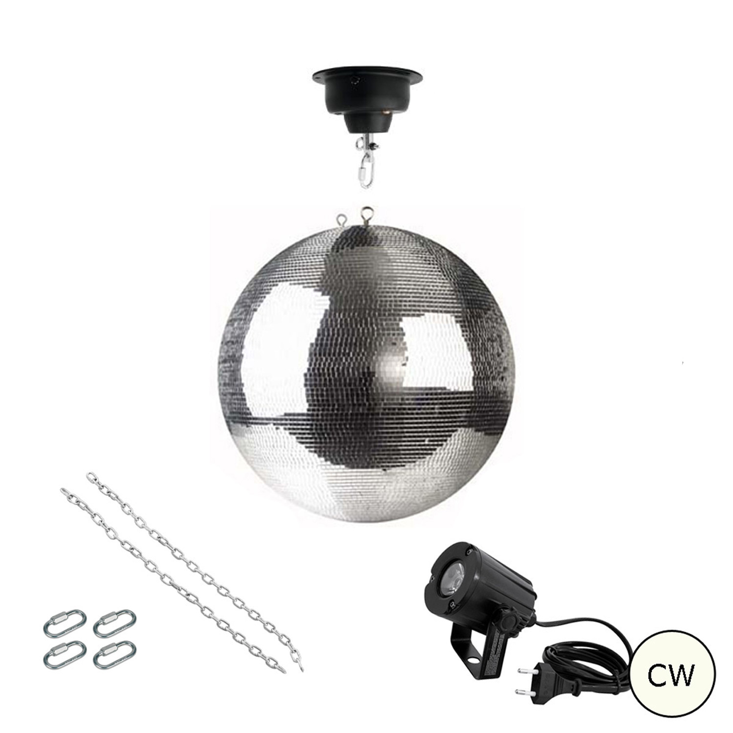 Spiegelkugel Komplettset 40cm mit Motor, LED Pinspot (kaltweiss) und Montagematerial PROFI Spiegelkugel Komplettset 40cm mit Motor, LED Pinspot (kaltweiss) und Montagematerial PROFI