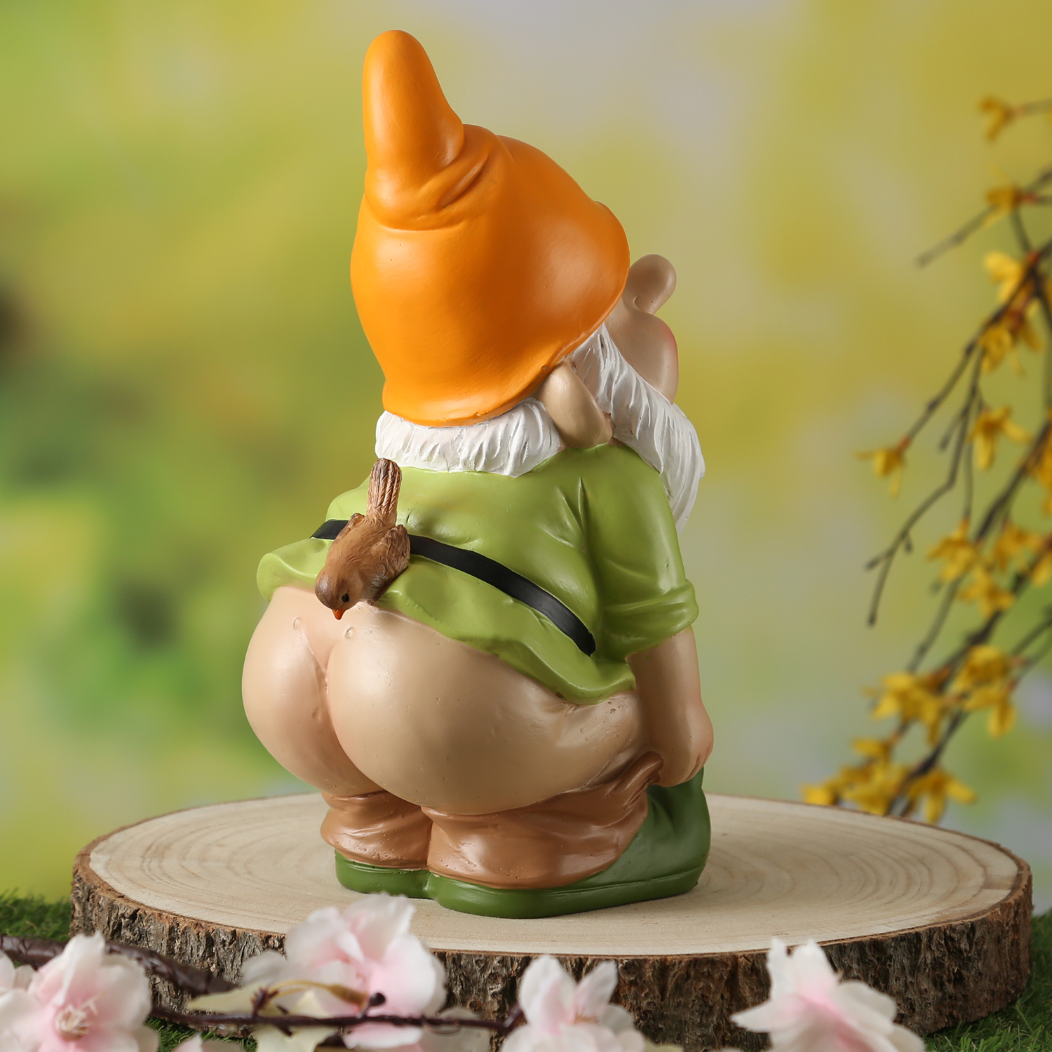 Gartenzwerg Hose Runter mit Vögelchen - Frecher Zwerg mit nacktem Po  - Polyresin - H: 27cm