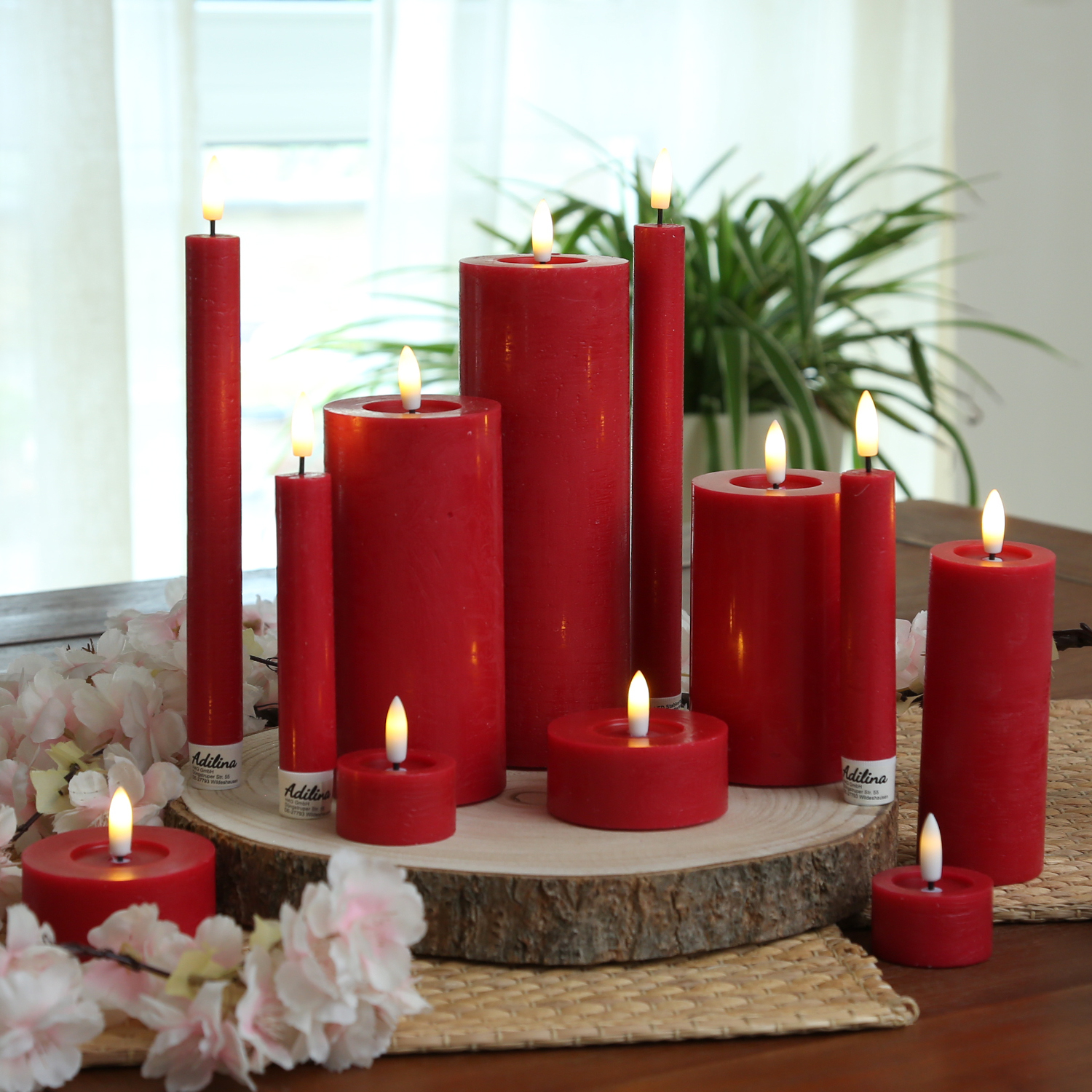 LED Stabkerzen LINA - Rustik-Optik - Echtwachs - 3D Flamme - H: 24cm - Timer - rot - 2er Set