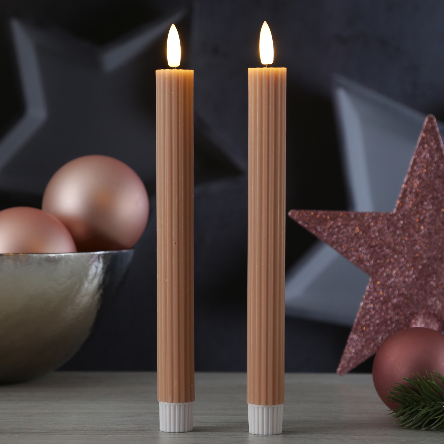 LED Stabkerzen LIV - gerillt - Echtwachs - flackernd - H: 25cm - Timer - altrosa - 2er Set LED Stabkerzen LIV - gerillt - Echtwachs - flackernd - H: 25cm - Timer - altrosa - 2er Set