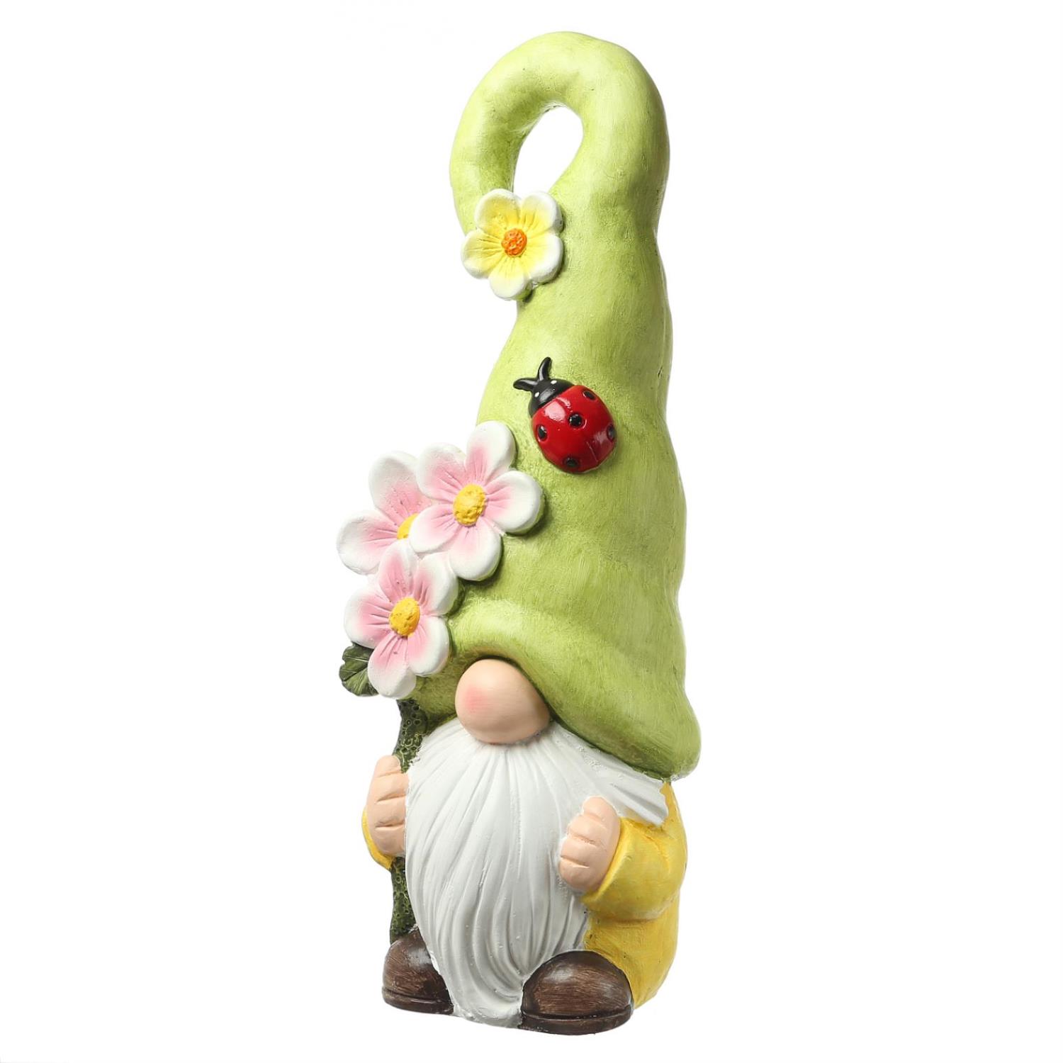 Gartenzwerg mit gruener Zipfelmuetze und Blumen - XL Gartenfigur - Polyresin - H- 49cm