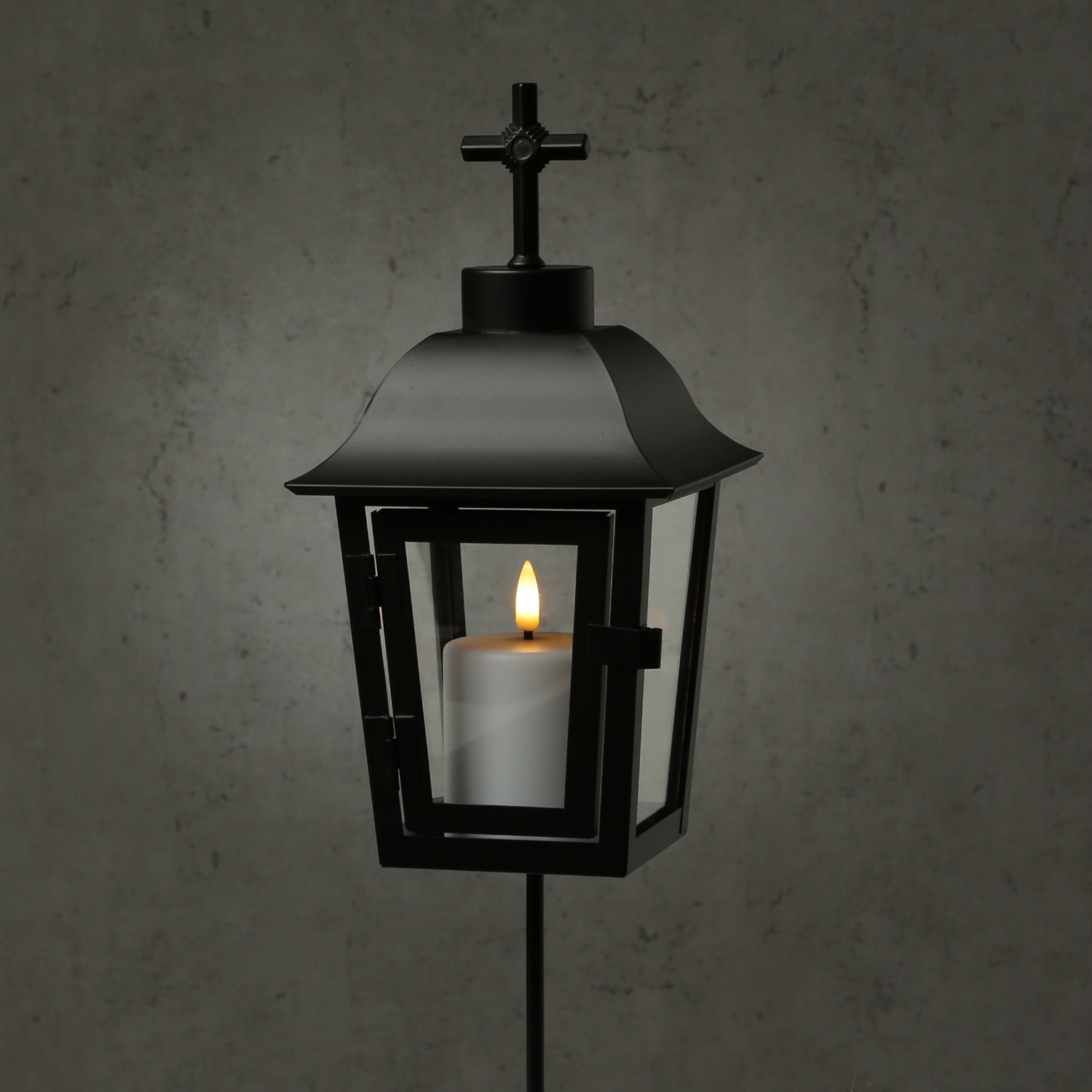 Grablaterne mit Mini LED Kerze - Grablampe mit 2 wechselbaren Spitzen/Erdspieß - H: 51cm - schwarz