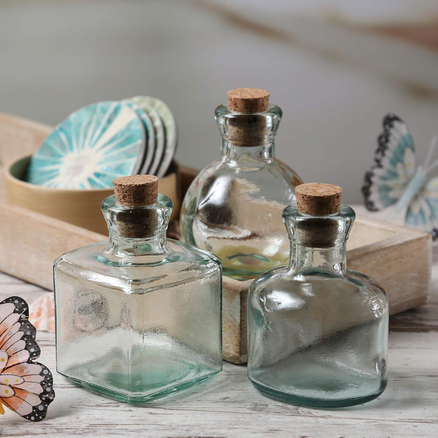 Deko Flaschen mit Korken - Recyclingglas - spülmaschinenfest - H: 10cm - transparent - 3 Stück