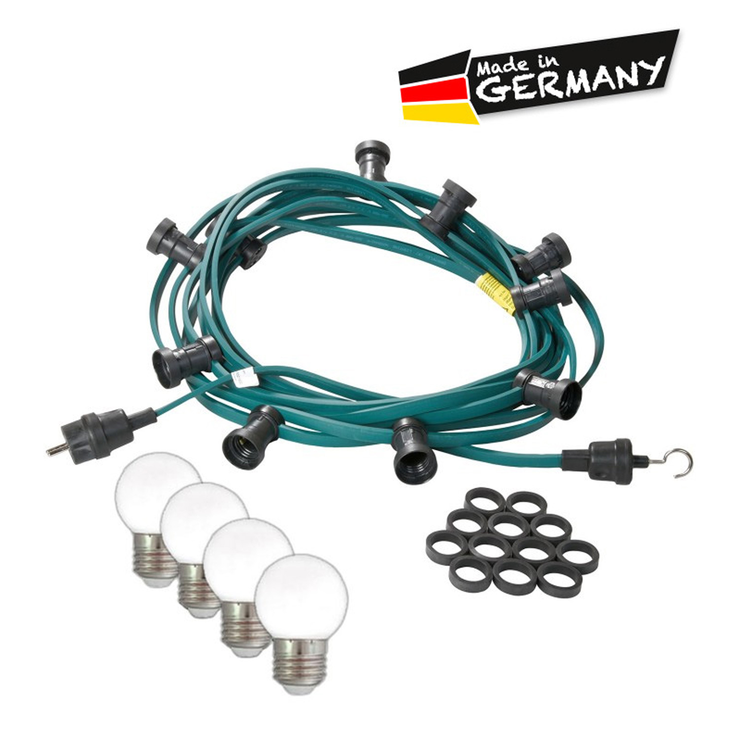 Illu-/Partylichterkette 5m - Außenlichterkette grün - Made in Germany - 5 kaltweiße LED Kugellampen