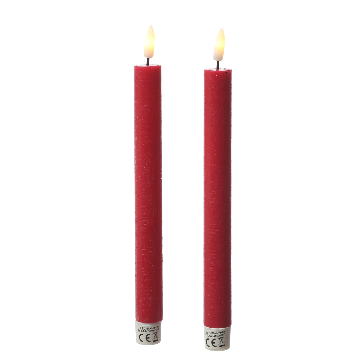 LED Stabkerzen LINA - Rustik-Optik - Echtwachs - 3D Flamme - H: 24cm - Timer - rot - 2er Set