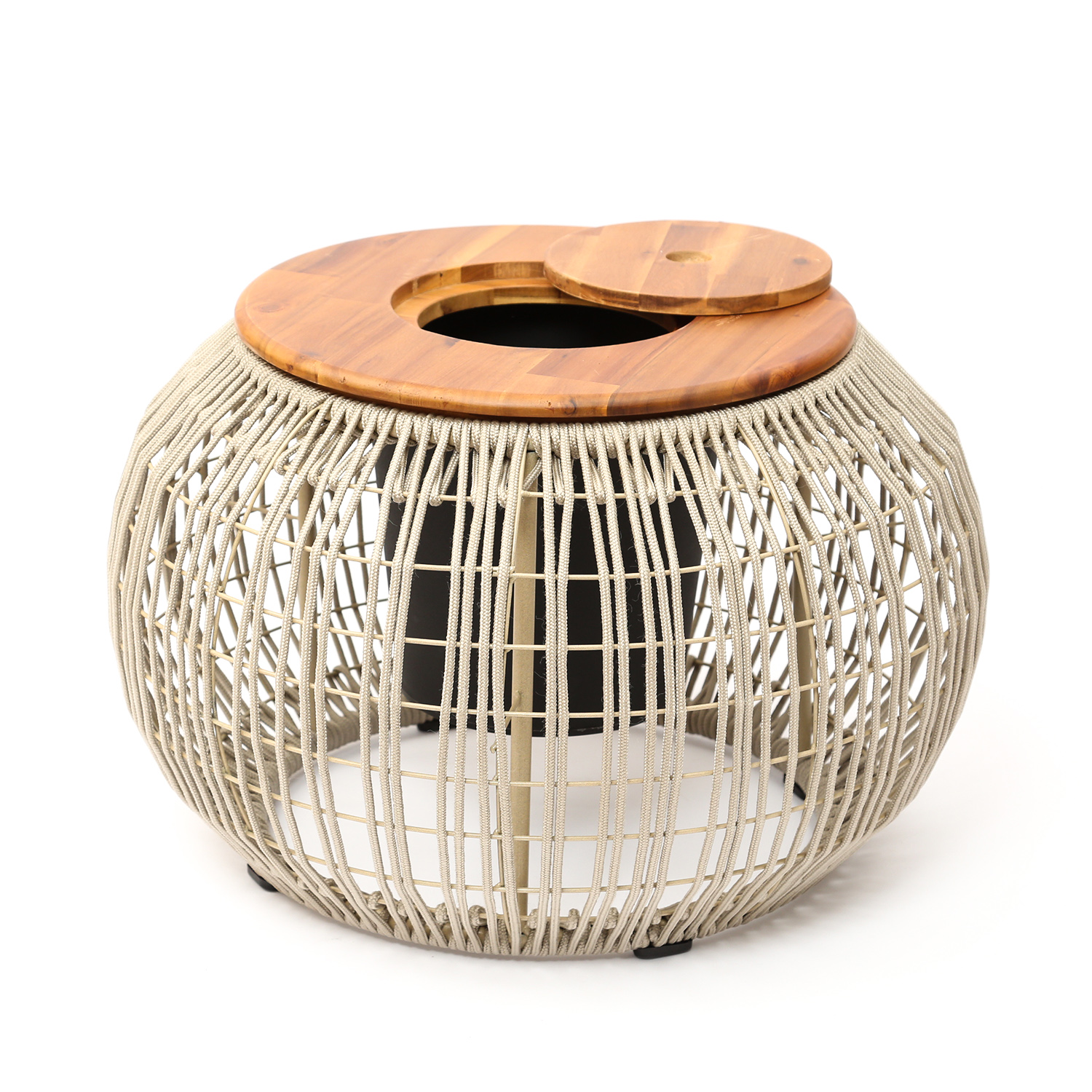 Garten Beistelltisch - integrierter Behälter - Kunststoffseil - H: 37cm - D: 58cm - beige