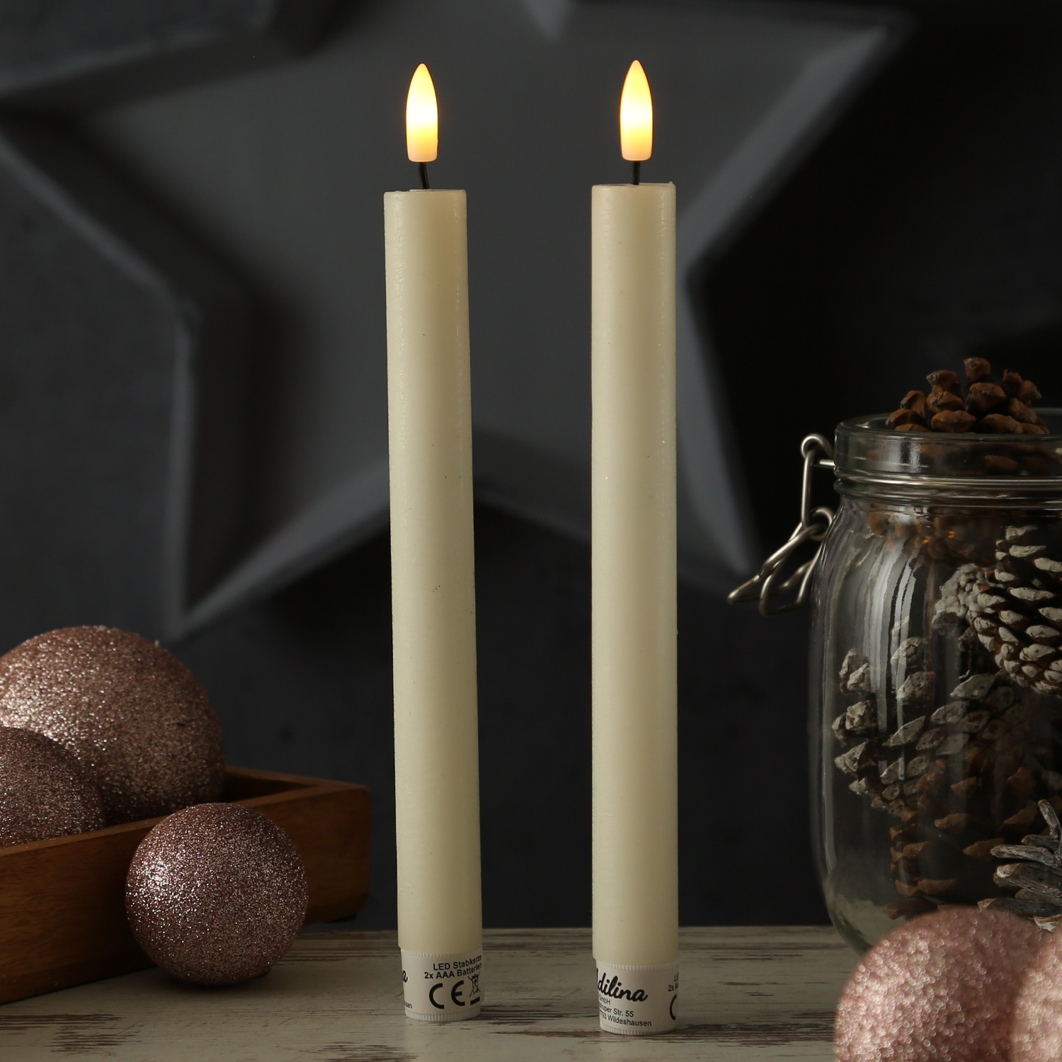 LED Stabkerzen LINA - Rustik-Optik - Echtwachs - 3D Flamme - H: 24cm - Timer - creme - 2er Set