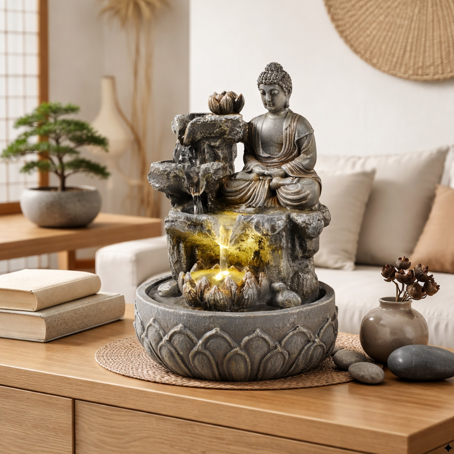 Brunnen LED Buddhafigur Kaskaden Zimmerbrunnen H 25cm Tischbrunnen