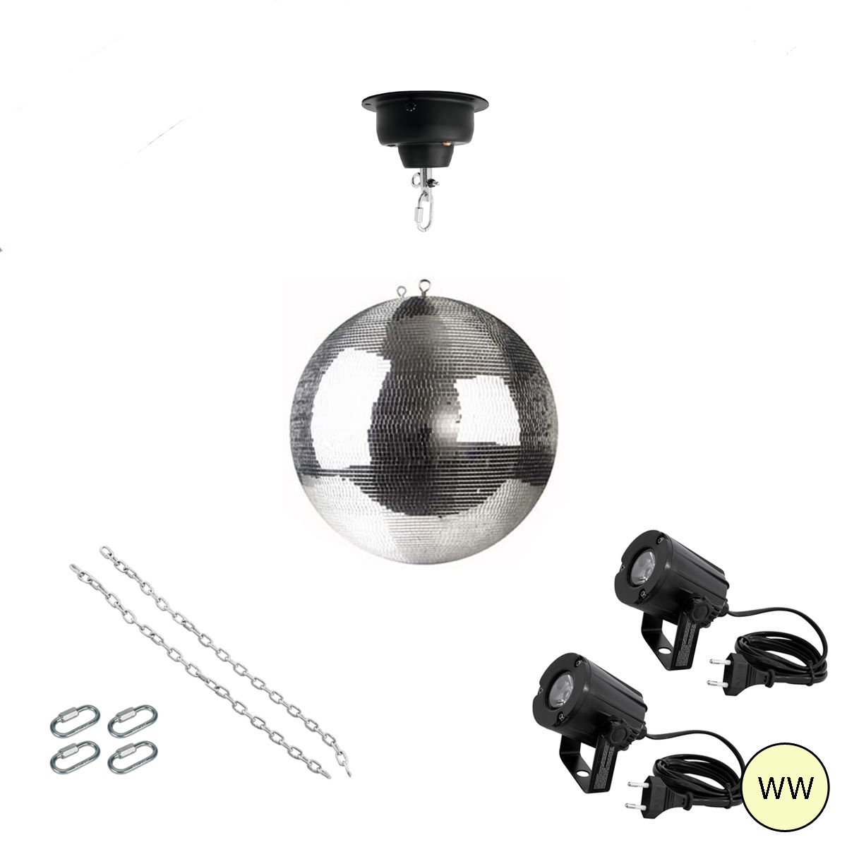 Spiegelkugel Komplettset - Discokugel, Motor, Pinspot, Montagematerial für Diskokugel - Mirrorball Set - Partyset Spiegelkugel Komplettset - Discokugel, Motor, Pinspot, Montagematerial für Diskokugel - Mirrorball Set - Partyset