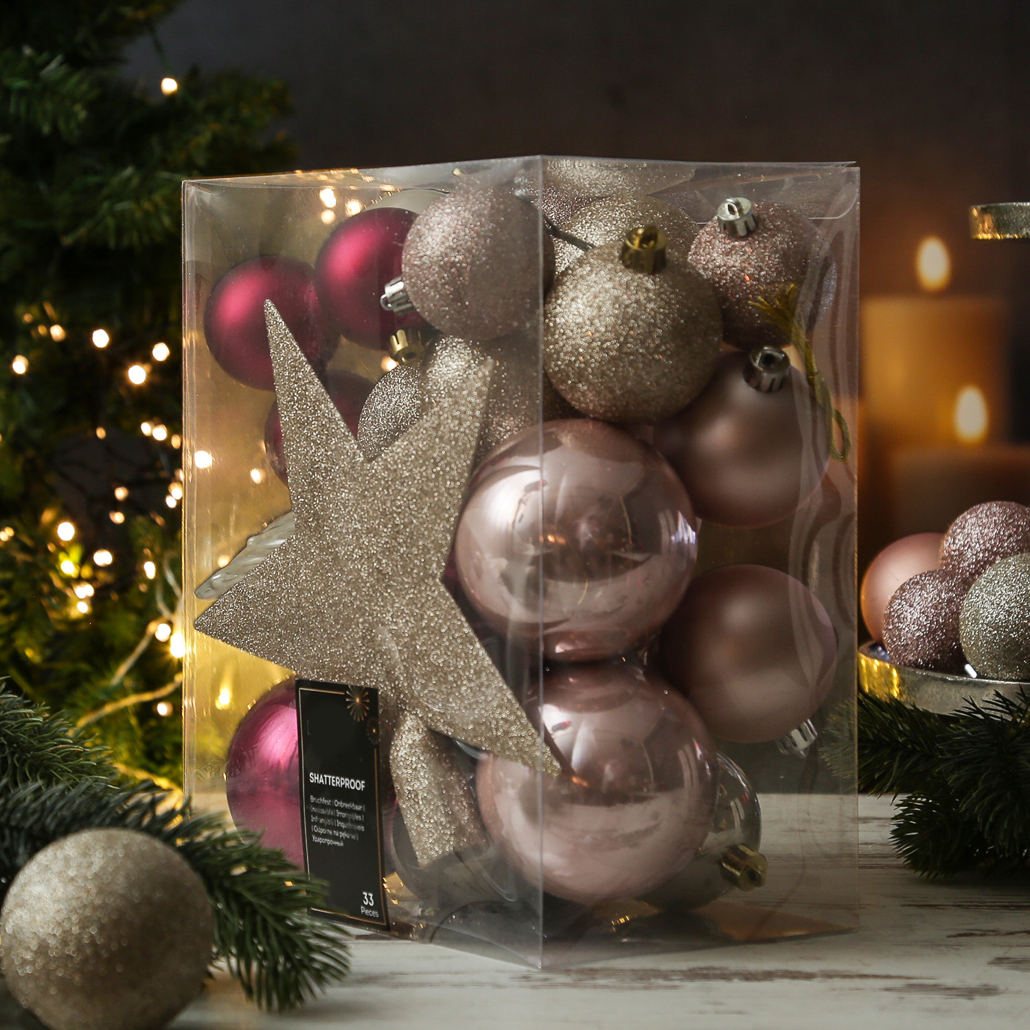 Christbaumkugeln - Weihnachtsbaumkugeln mit Stern Baumspitze - bruchfest - pink, rosa - 33er Set