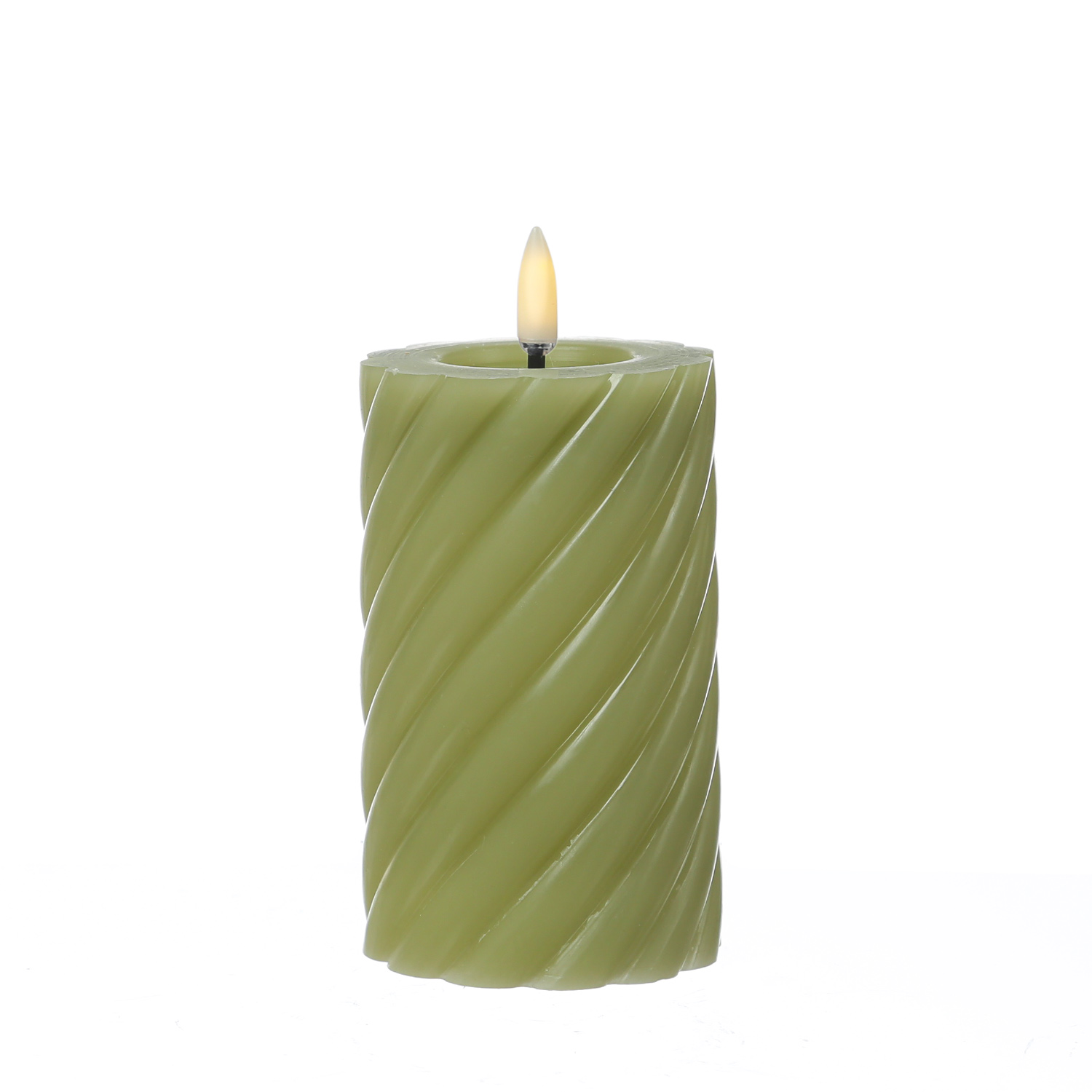 LED Stumpenkerze TWIST - Echtwachs - warmweiße 3D Flamme - H: 15cm - Batterie - Timer - grün LED Stumpenkerze TWIST - Echtwachs - warmweiße 3D Flamme - H: 15cm - Batterie - Timer - grün