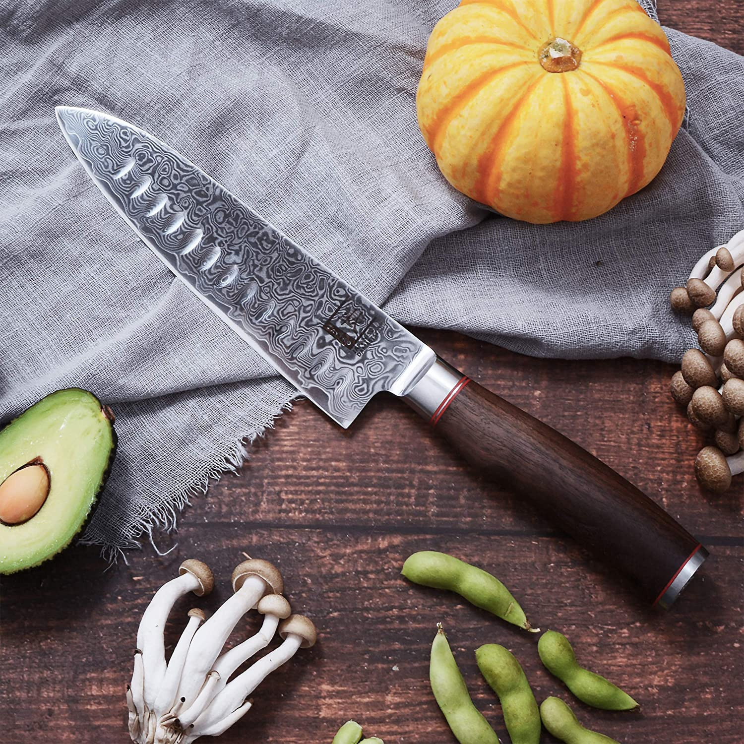 ZAYIKO Damastmesser KURUMI Santokumesser - 17,5cm Klinge - Nussbaumgriff - VG-10 Stahlkern