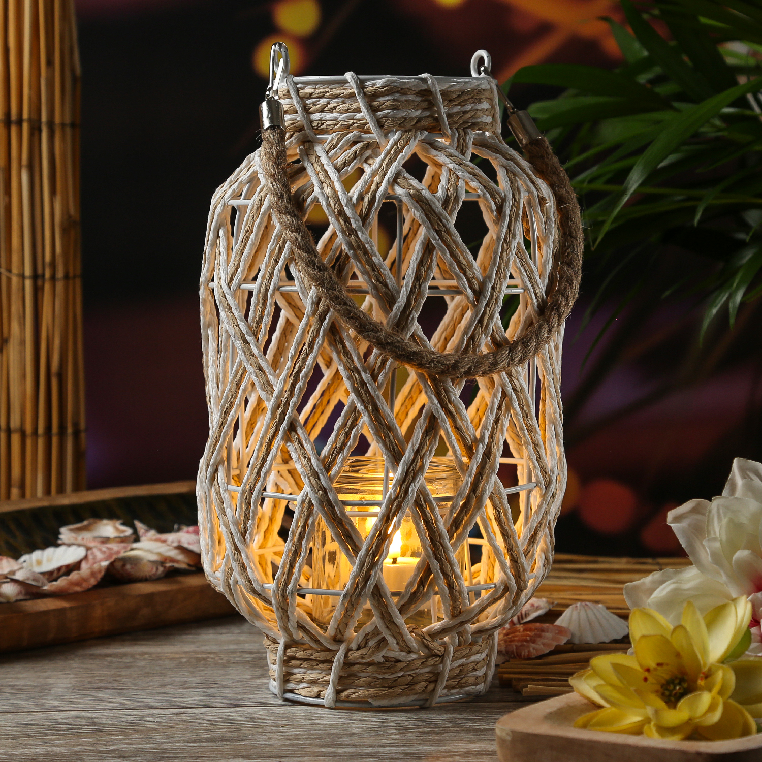 Windlicht mit Glaseinsatz - maritime Laterne - Henkel aus Juteseil - H: 30cm - weiß/natur Windlicht mit Glaseinsatz - maritime Laterne - Henkel aus Juteseil - H: 30cm - weiß/natur