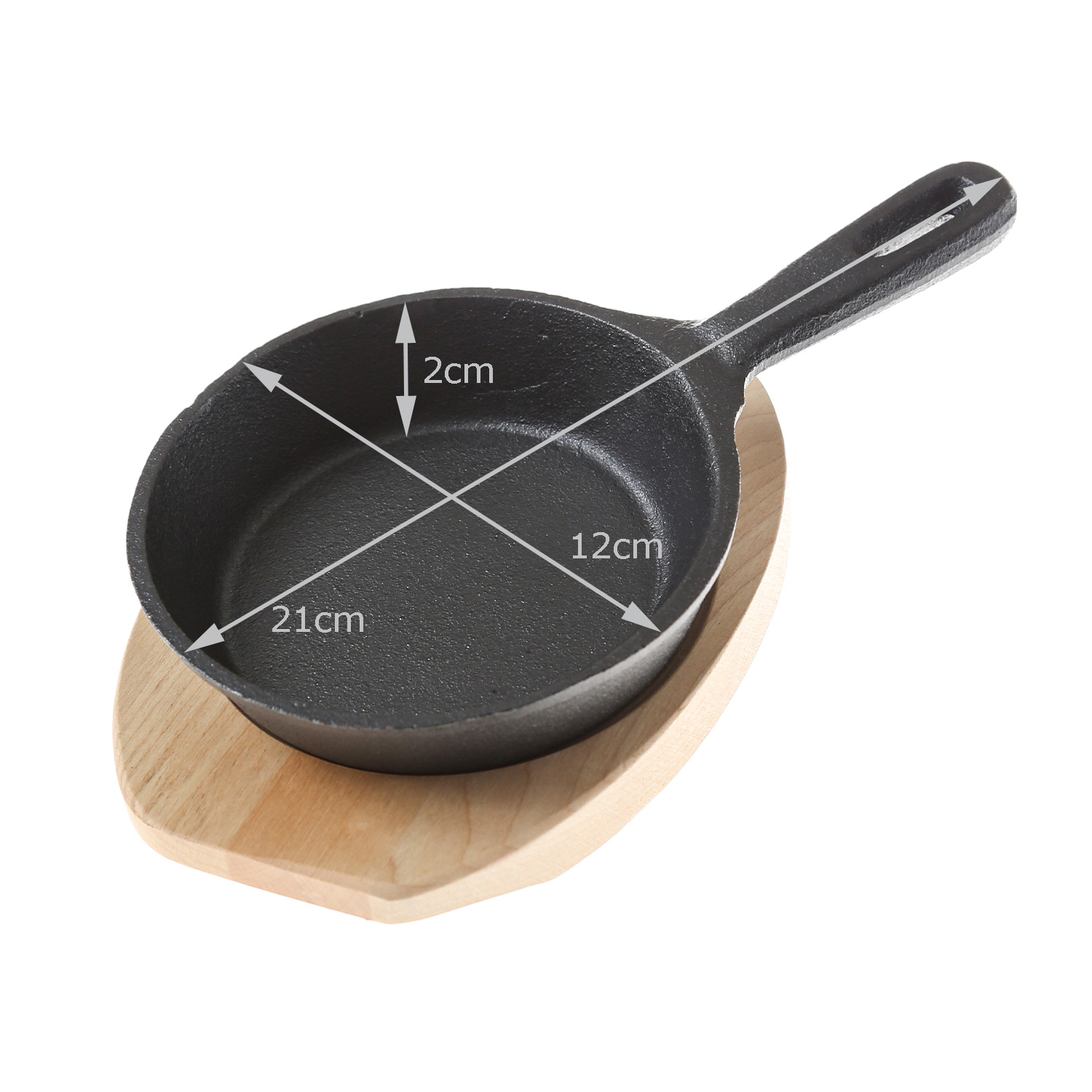 Minipfanne mit Stiel u. Holzuntersetzer - Gusspfanne - Gusseisen - D: 13cm - Servierpfanne - rund