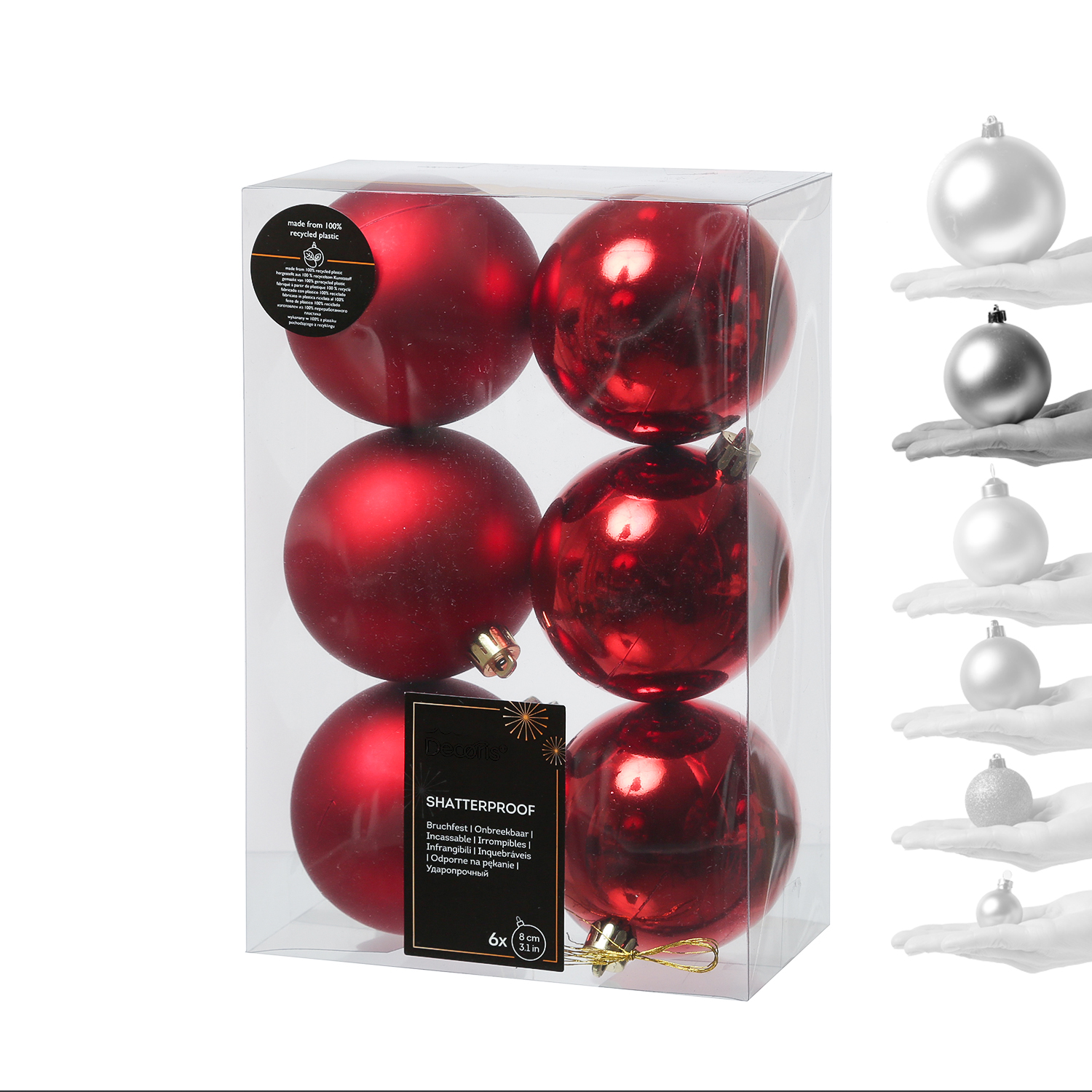 Christbaumkugeln - Weihnachtbaumskugeln - bruchfest - D: 8cm - glänzend/matt  - rot - 6er Set