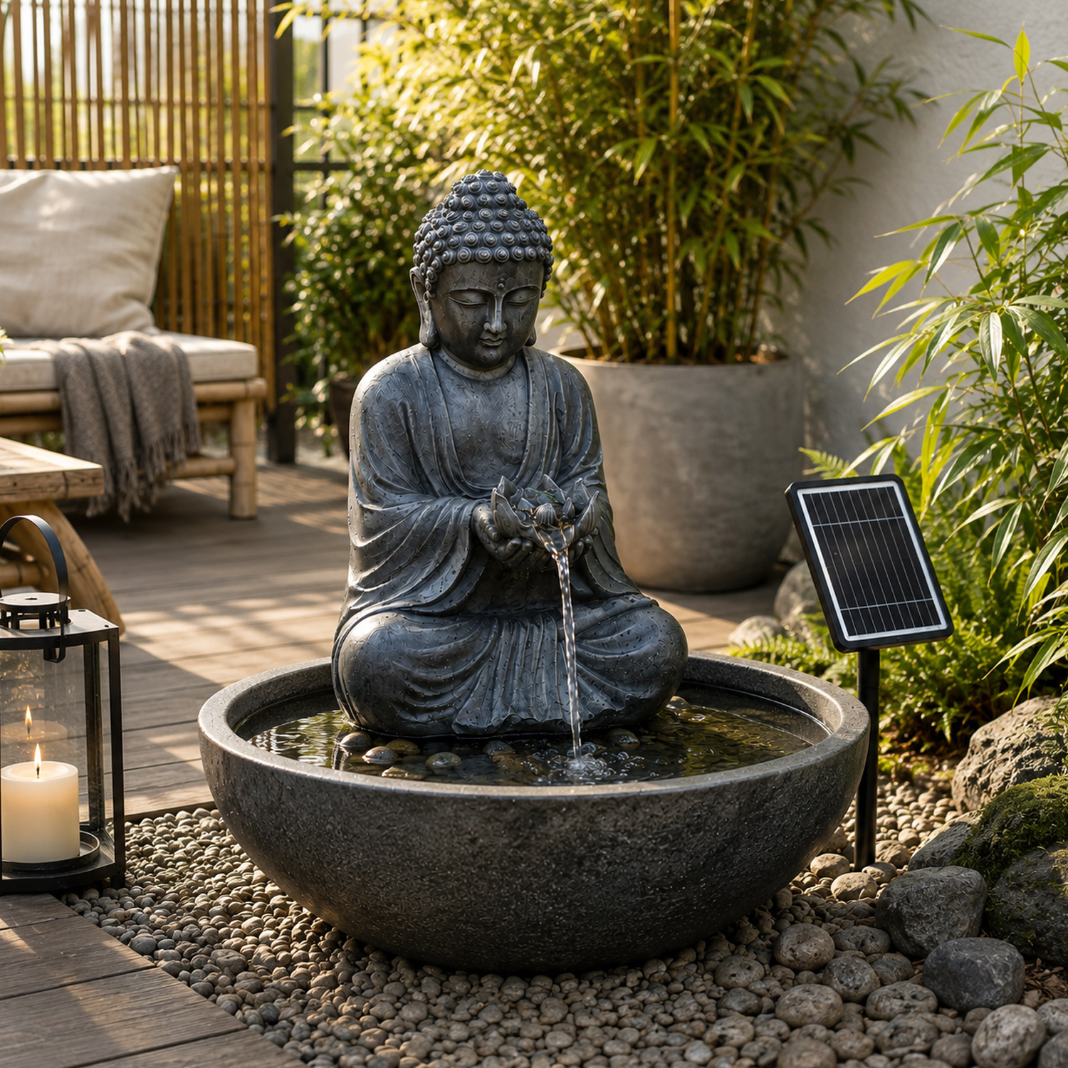 Solar Brunnen Buddha - Gartenbrunnen - Teichbrunnen - Polyresin - H: 37cm - Außen