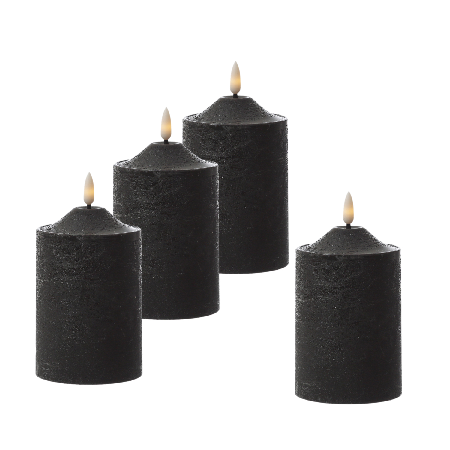 LED Kerzenset - Rustik-Optik - Echtwachs - 3D Flamme - H: 15cm - Timer - schwarz - 4er Set LED Kerzenset - Rustik-Optik - Echtwachs - 3D Flamme - H: 15cm - Timer - schwarz - 4er Set