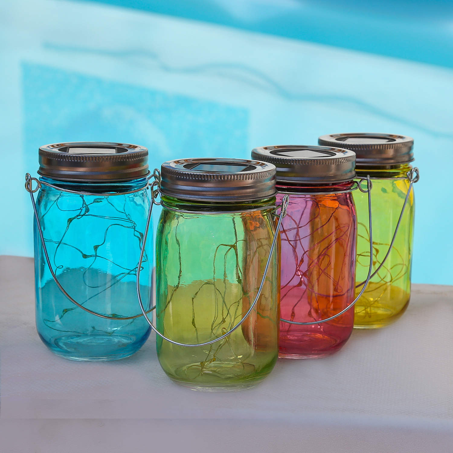 LED Solarglas - Windlicht - LED Drahtlichterkette - Lichtsensor - Aufhänger - H: 14cm - 4er Set