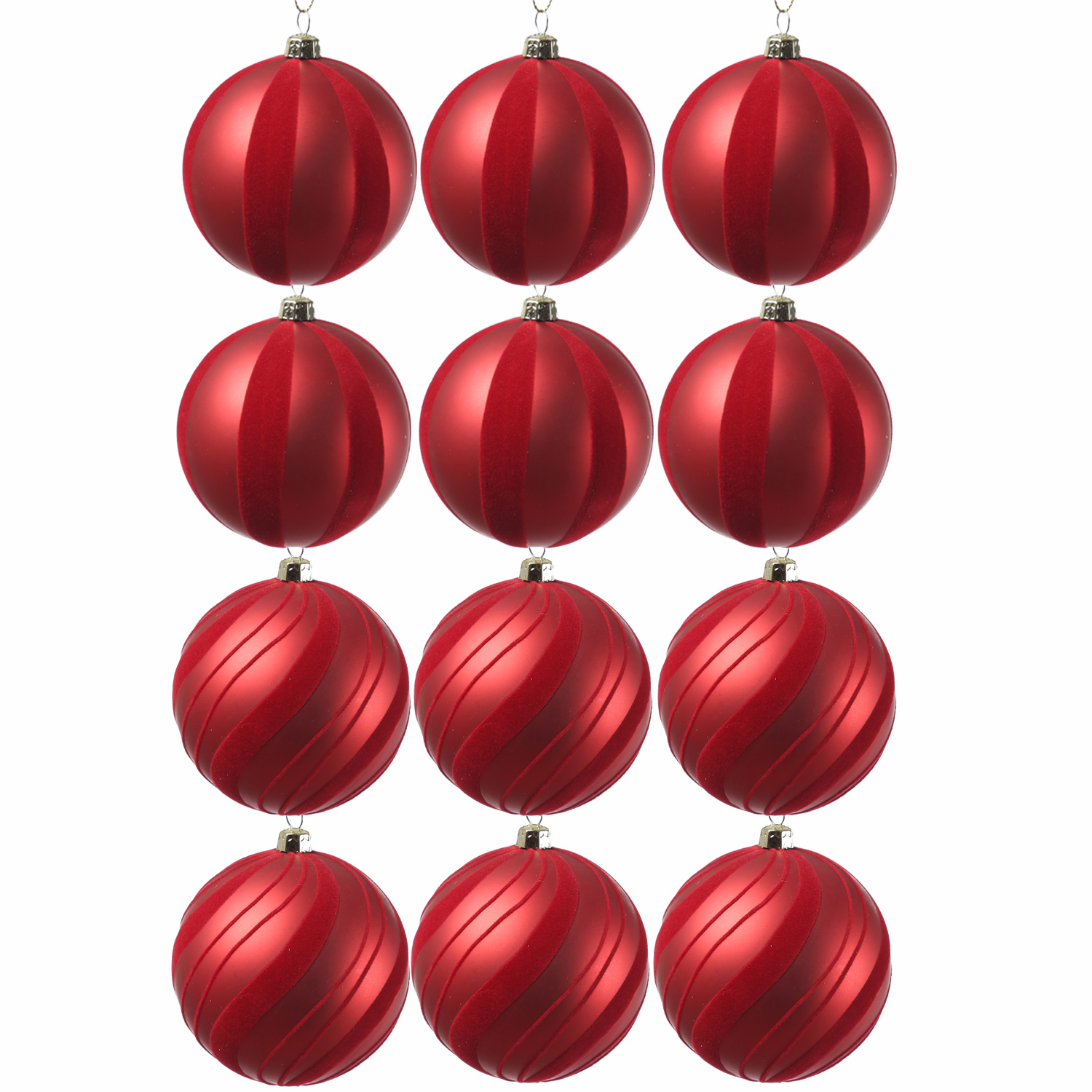 Christbaumkugeln mit Samtstreifen - Weihnachtsbaumkugeln - bruchfest - D: 8cm - rot - 12er Set
