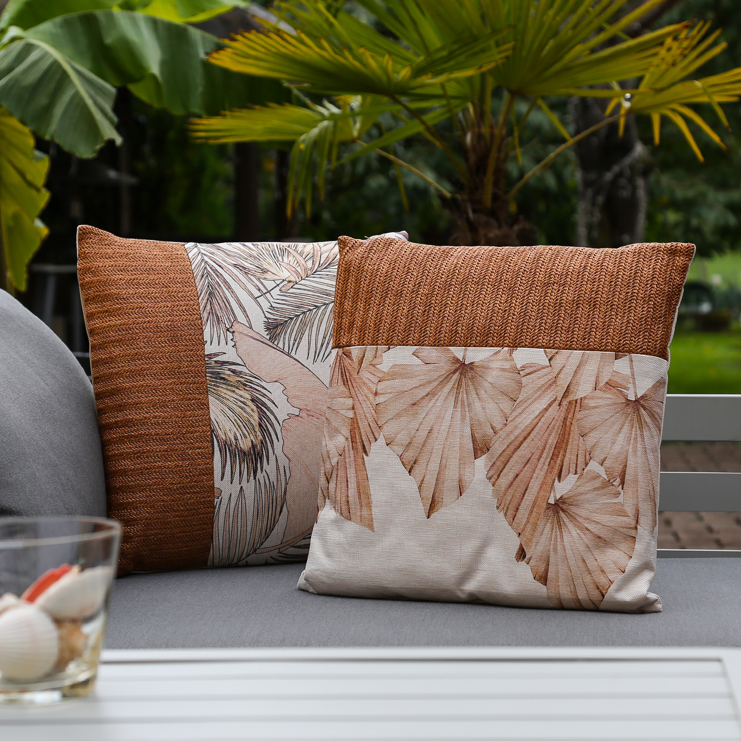 Garten Kissen - Blätter - Polyester - wasserabweisend - L: 44cm - Außen - beige, rosa, braun