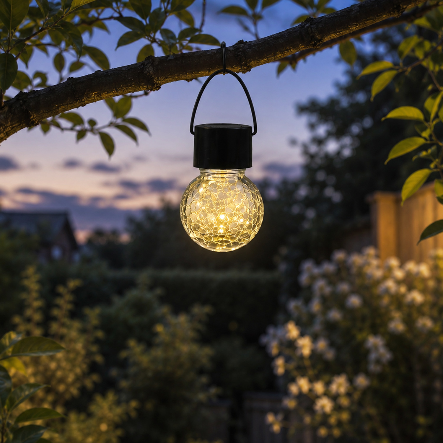 LED Solar Hängeleuchte CRACKLE - Bruchglas-Optik - warmweiße LED - H: 9cm - Sensor - transparent
