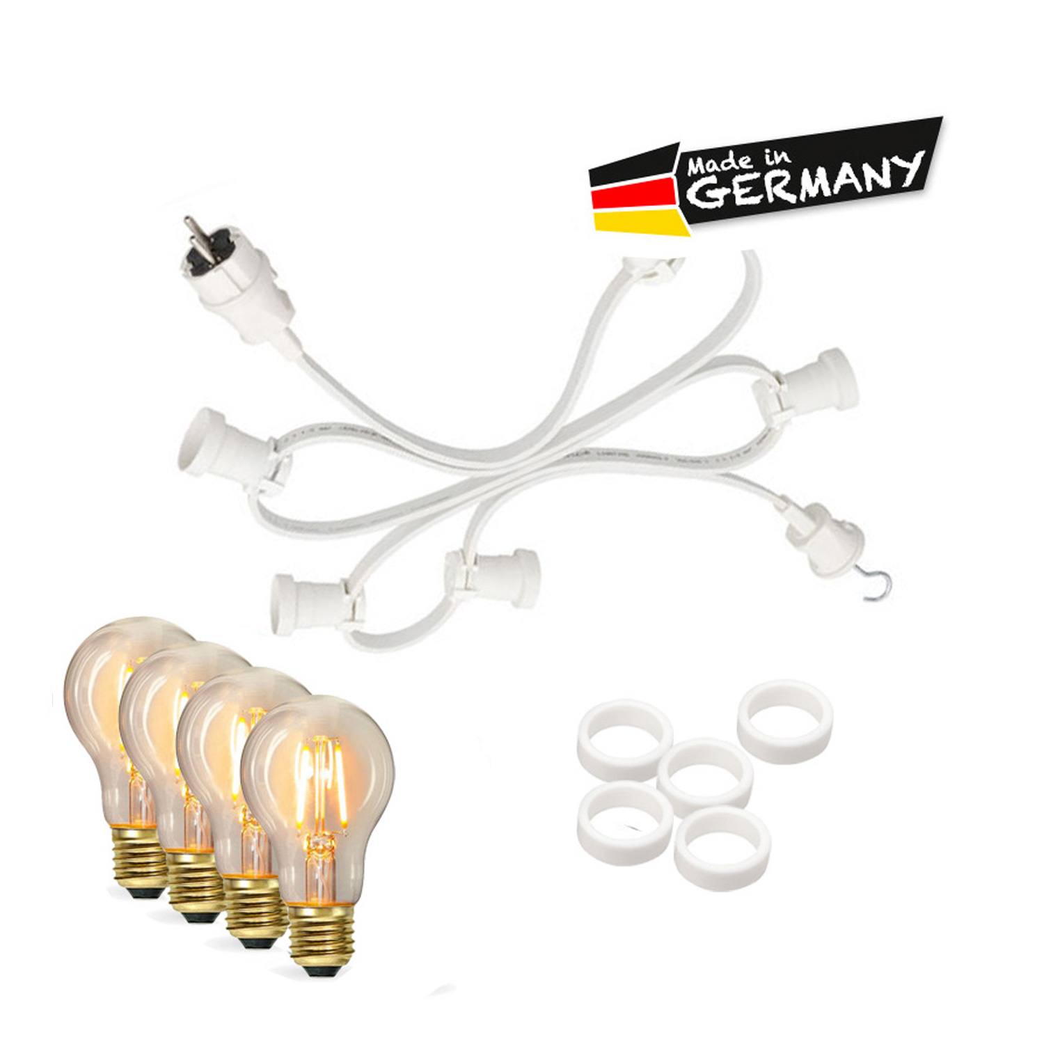 Illu-/Partylichterkette 50m - Außenlichterkette weiß - Made in Germany- 50 Edison LED Filamentlampen