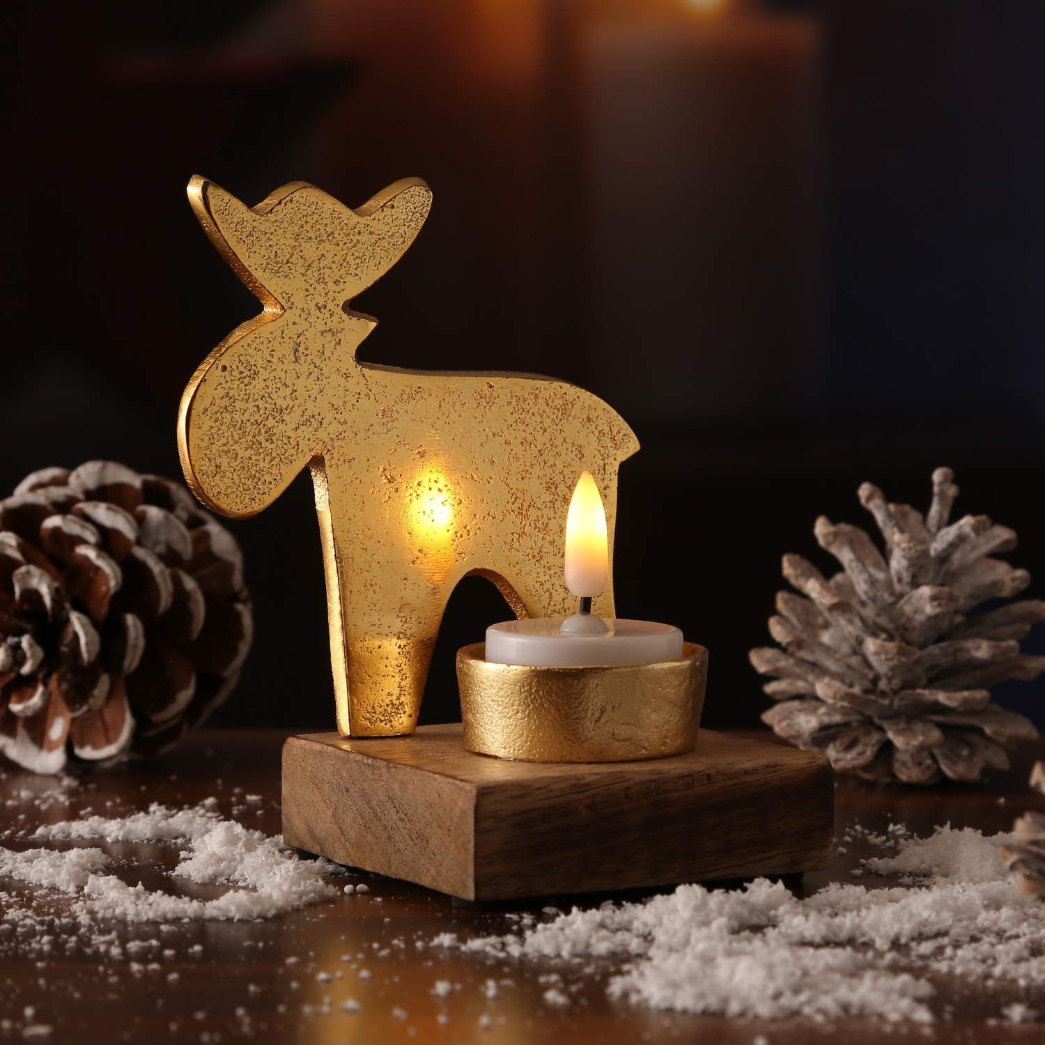 Teelichthalter HIRSCH - Aluminium - Mangoholzsockel - H: 12,1cm - natur, gold Teelichthalter HIRSCH - Aluminium - Mangoholzsockel - H: 12,1cm - natur, gold