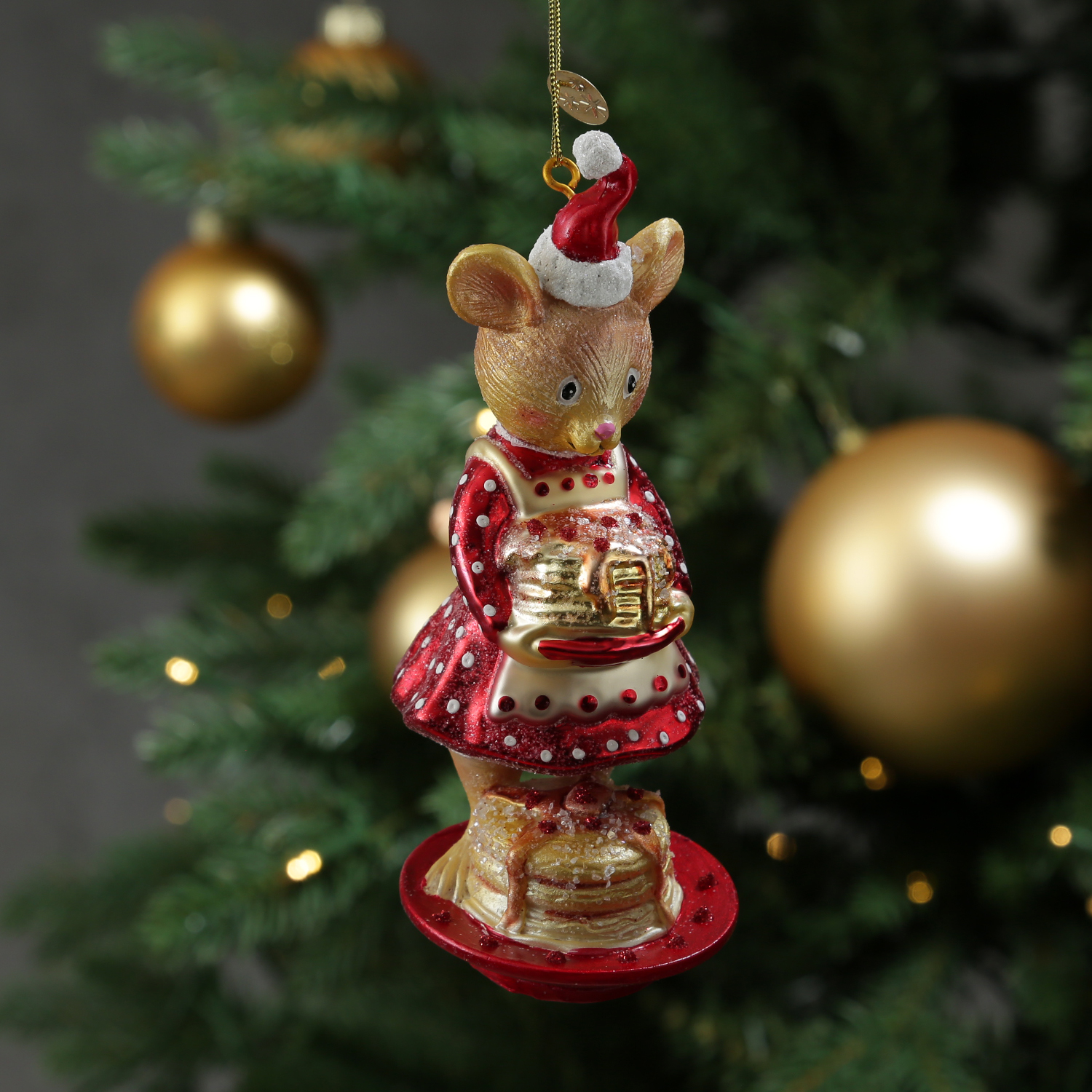 Weihnachtsbaumschmuck Mäuschen mit Pfannkuchen - Christbaumschmuck - Glas - H: 15cm - rot Weihnachtsbaumschmuck Mäuschen mit Pfannkuchen - Christbaumschmuck - Glas - H: 15cm - rot