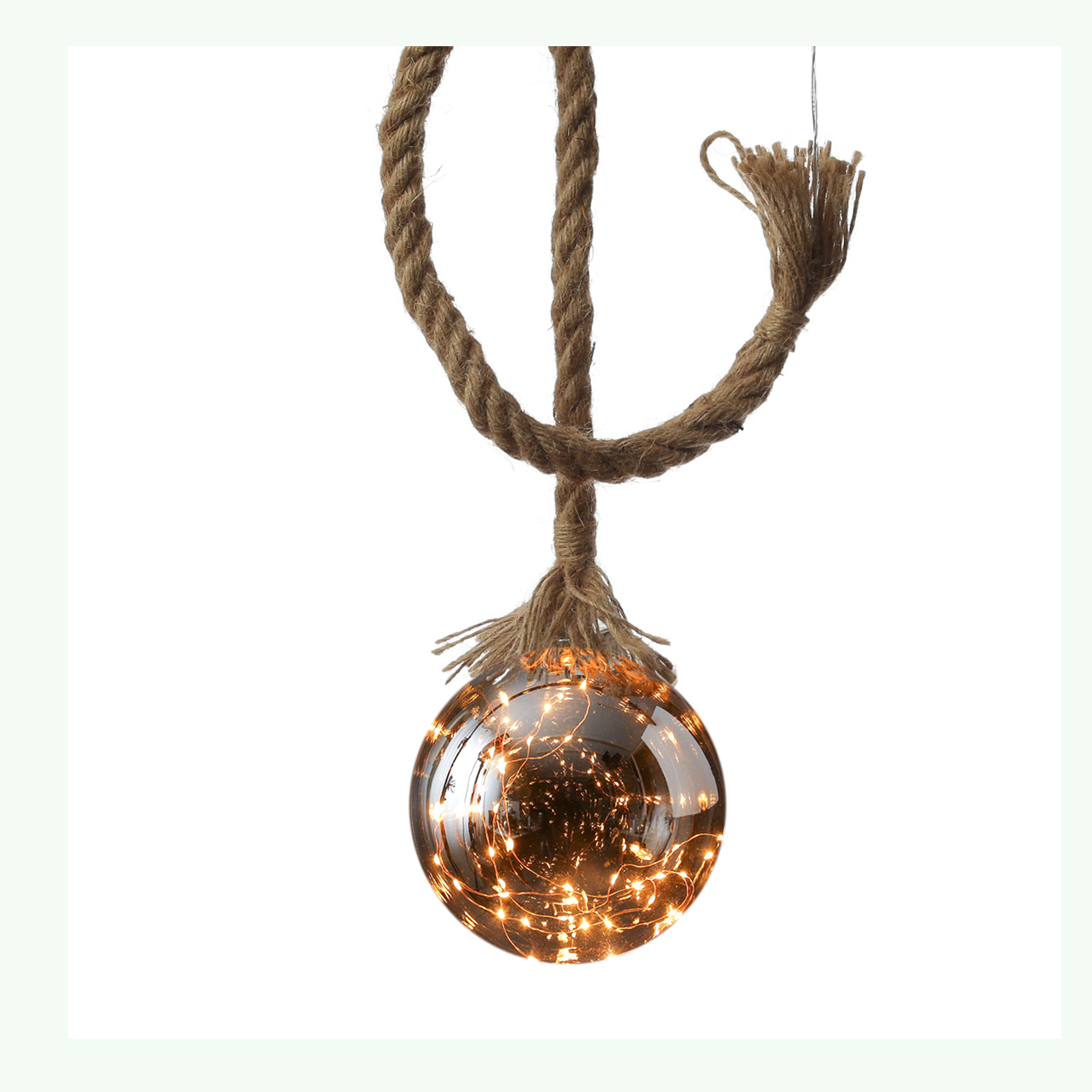 LED Glaskugel JUTTA - mit Juteseil - 30 bernsteinfarbene LED - D: 14cm - Timer - rauchig grau