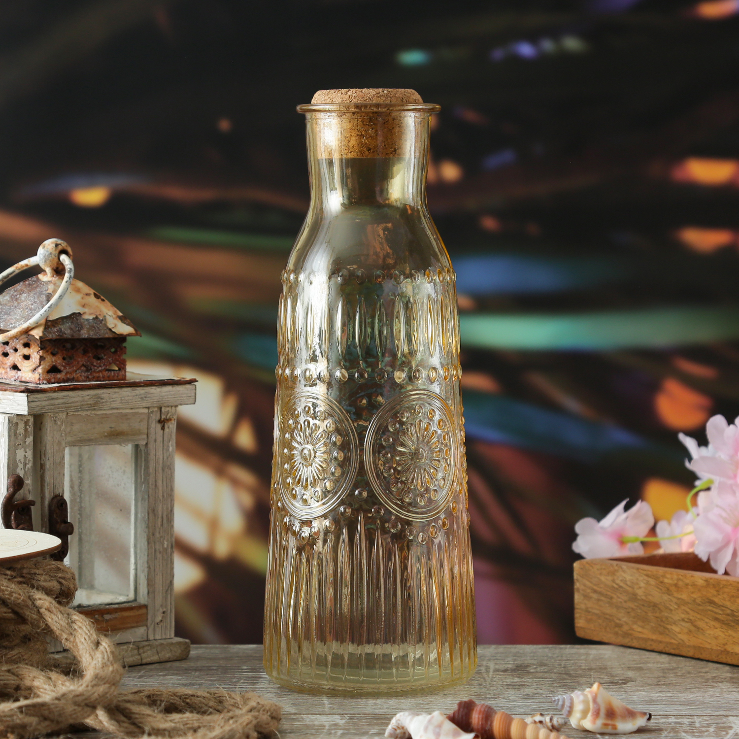 Karaffe Vintage mit Blumenmuster - Glaskaraffe - Kanne mit Korkendeckel - Boho Stil - 1l - gelb