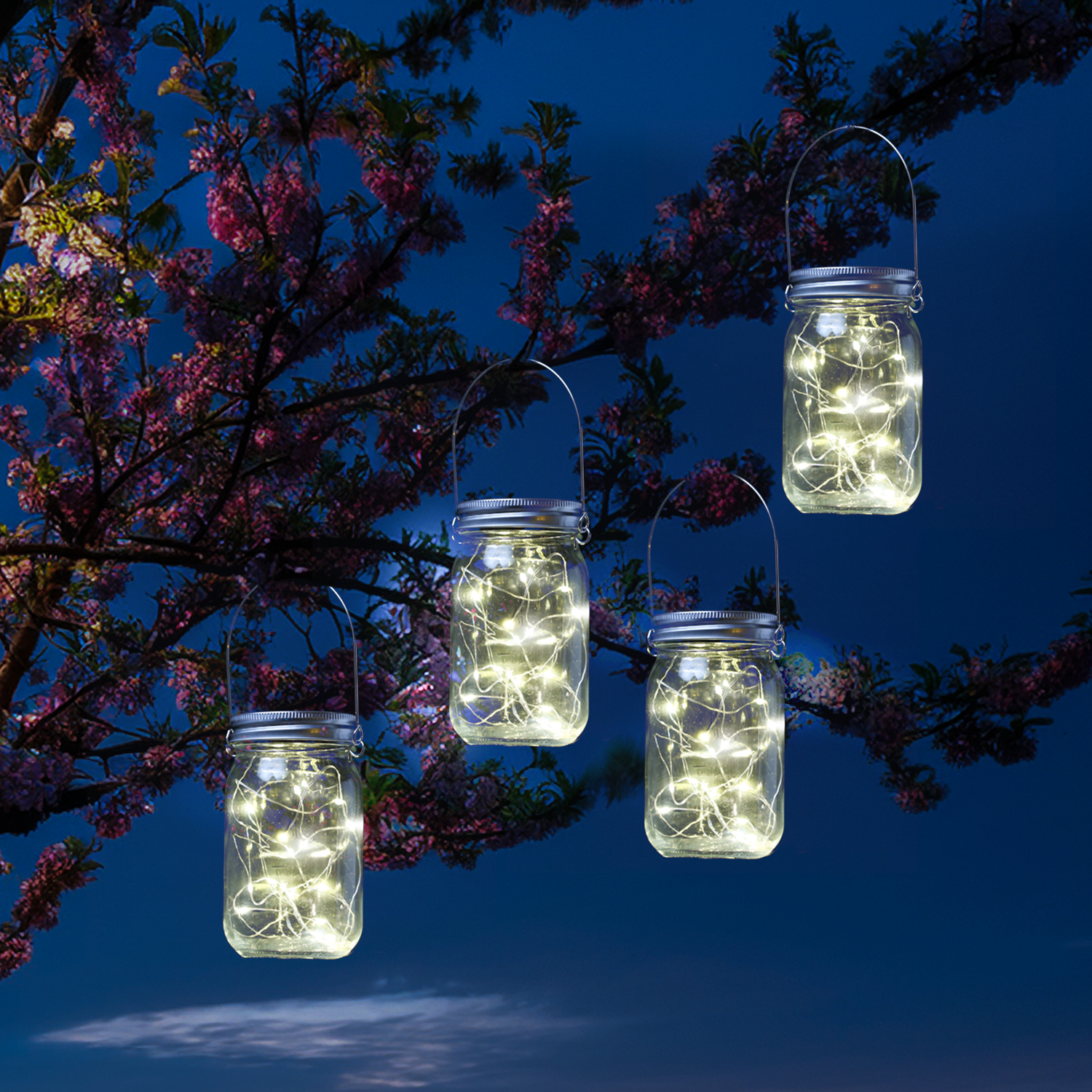 LED Solar Glas - Windlicht - mit Drahtlichterkette - Lichtsensor - H 18cm - transparent