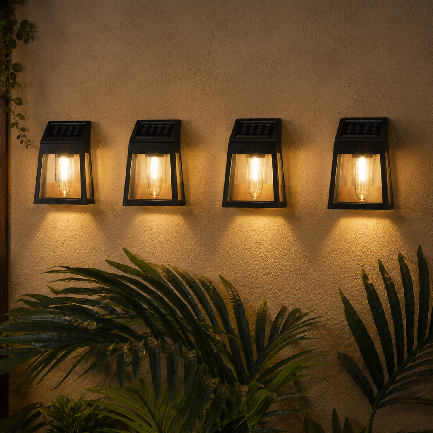 LED Solar Wandleuchten - Kunststoff - warmweiße LED - H: 13cm - Lichtsensor - schwarz - 4er Set