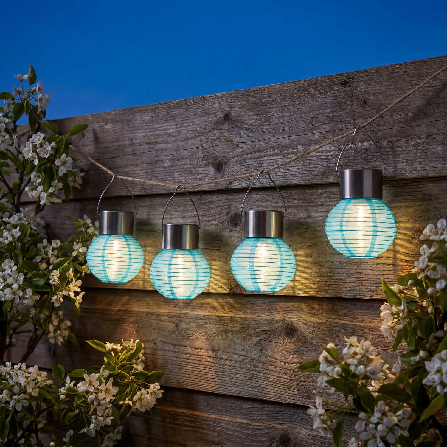 LED Solar Mini Lampions - kaltweiße LED - H: 9,5cm - D: 7cm - Lichtsensor - blau - 4er Set